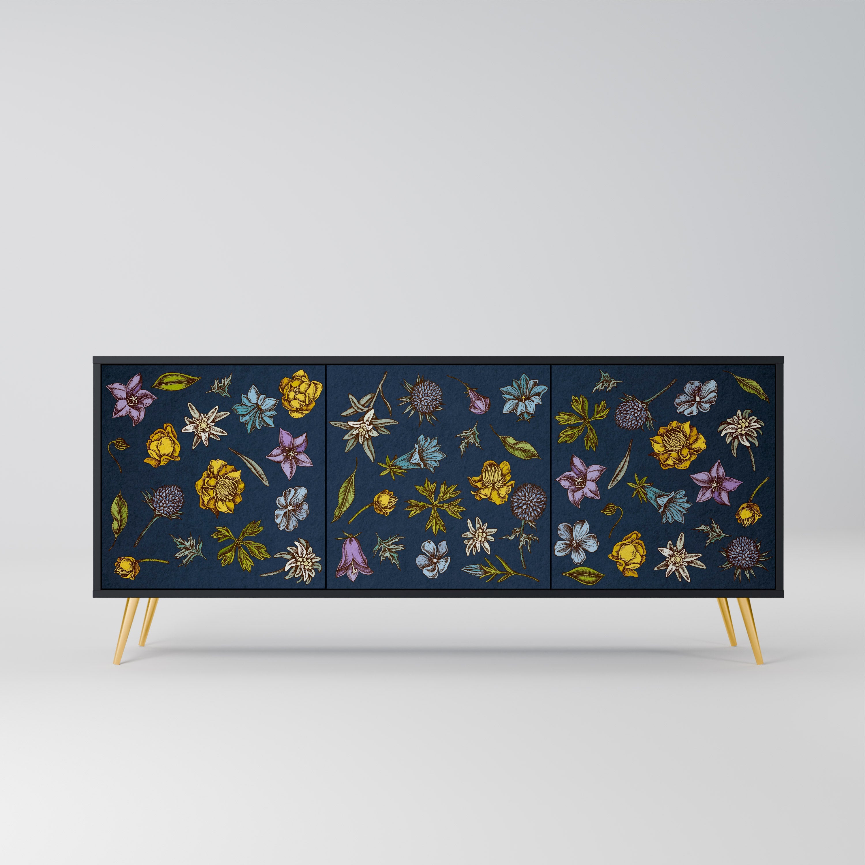FLOWERS ON NAVY BLUE Aparador de 3 Portas em Acabamento Preto