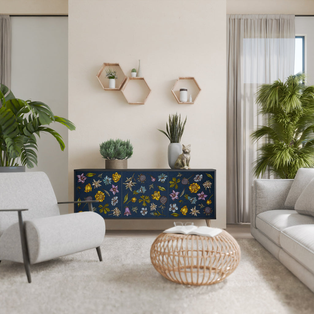 FLOWERS ON NAVY BLUE Aparador de 3 Portas em Acabamento Preto
