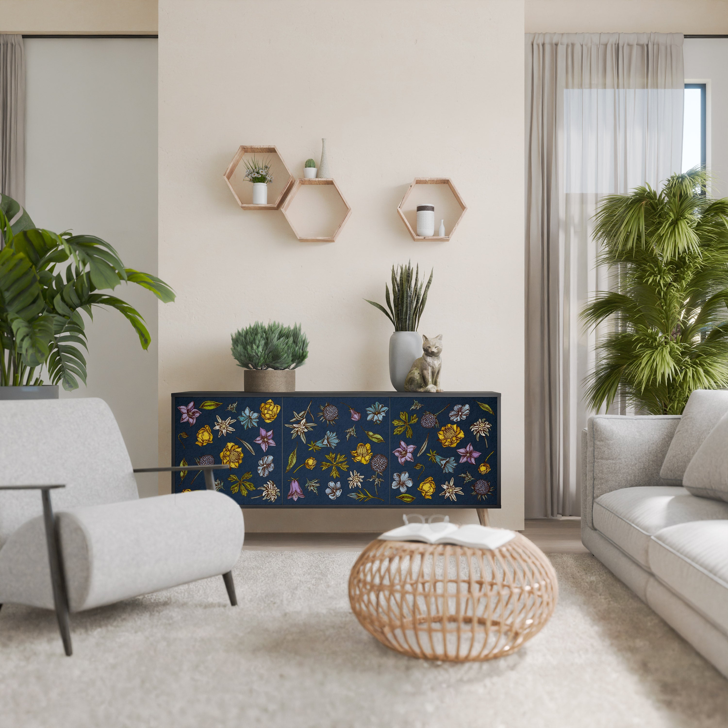 FLOWERS ON NAVY BLUE Aparador de 3 Portas em Acabamento Preto