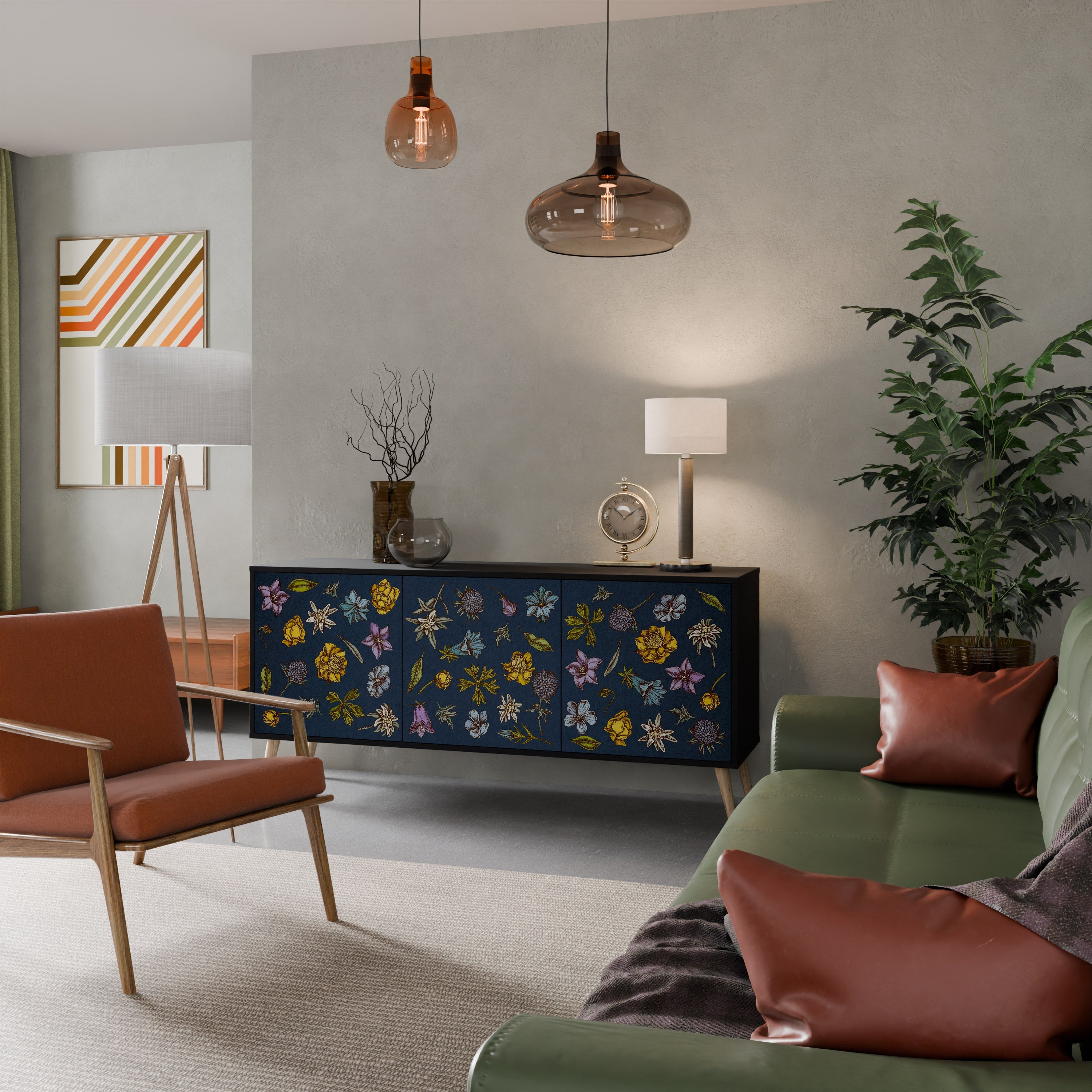 FLOWERS ON NAVY BLUE Aparador de 3 Portas em Acabamento Preto