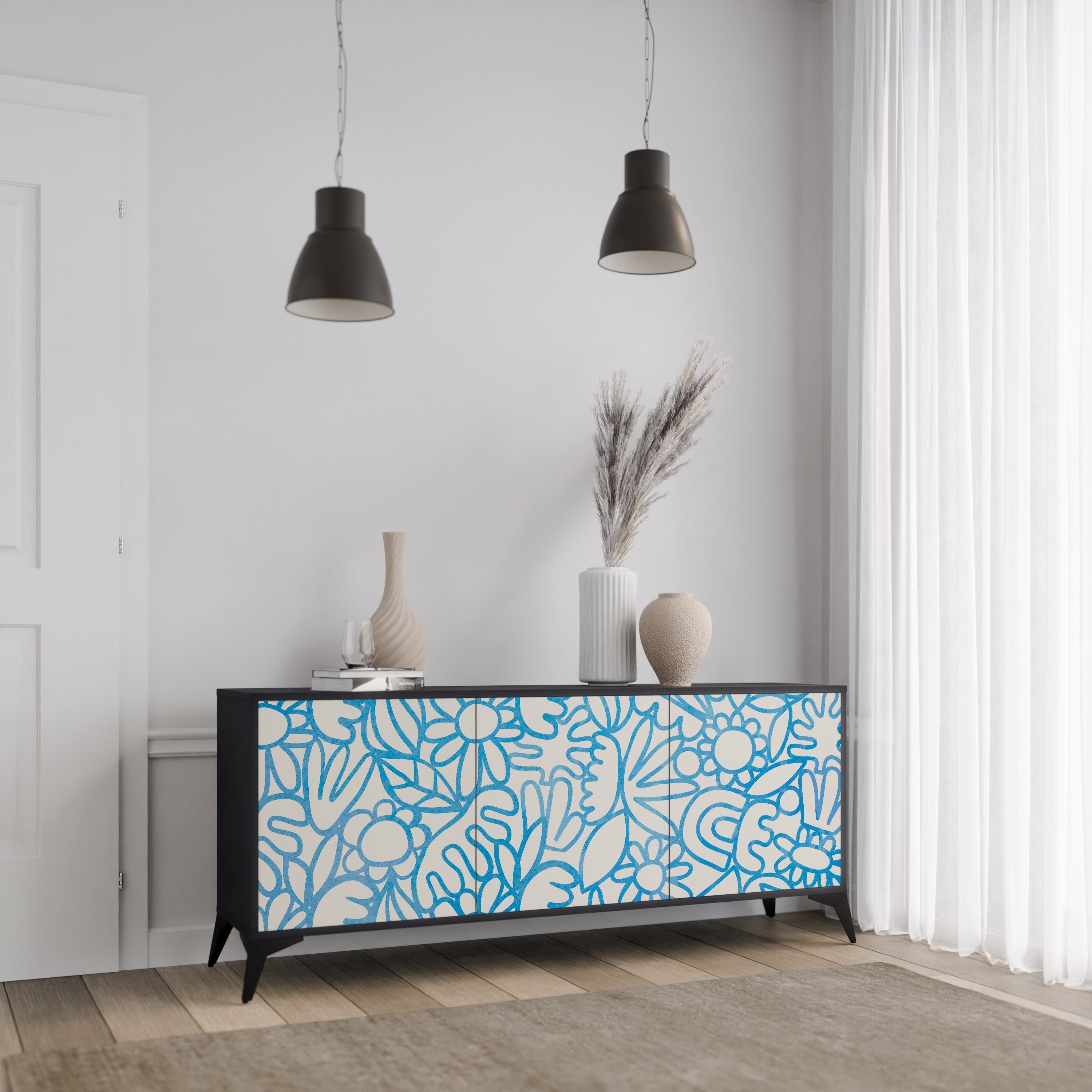 BLOOMY MORNING 3-Door Sideboard in Black Finish