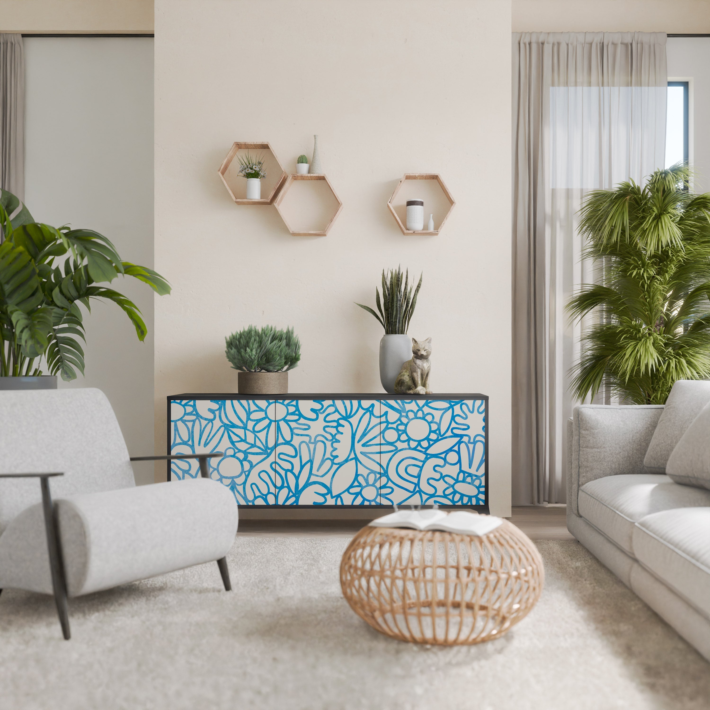 BLOOMY MORNING 3-Door Sideboard in Black Finish