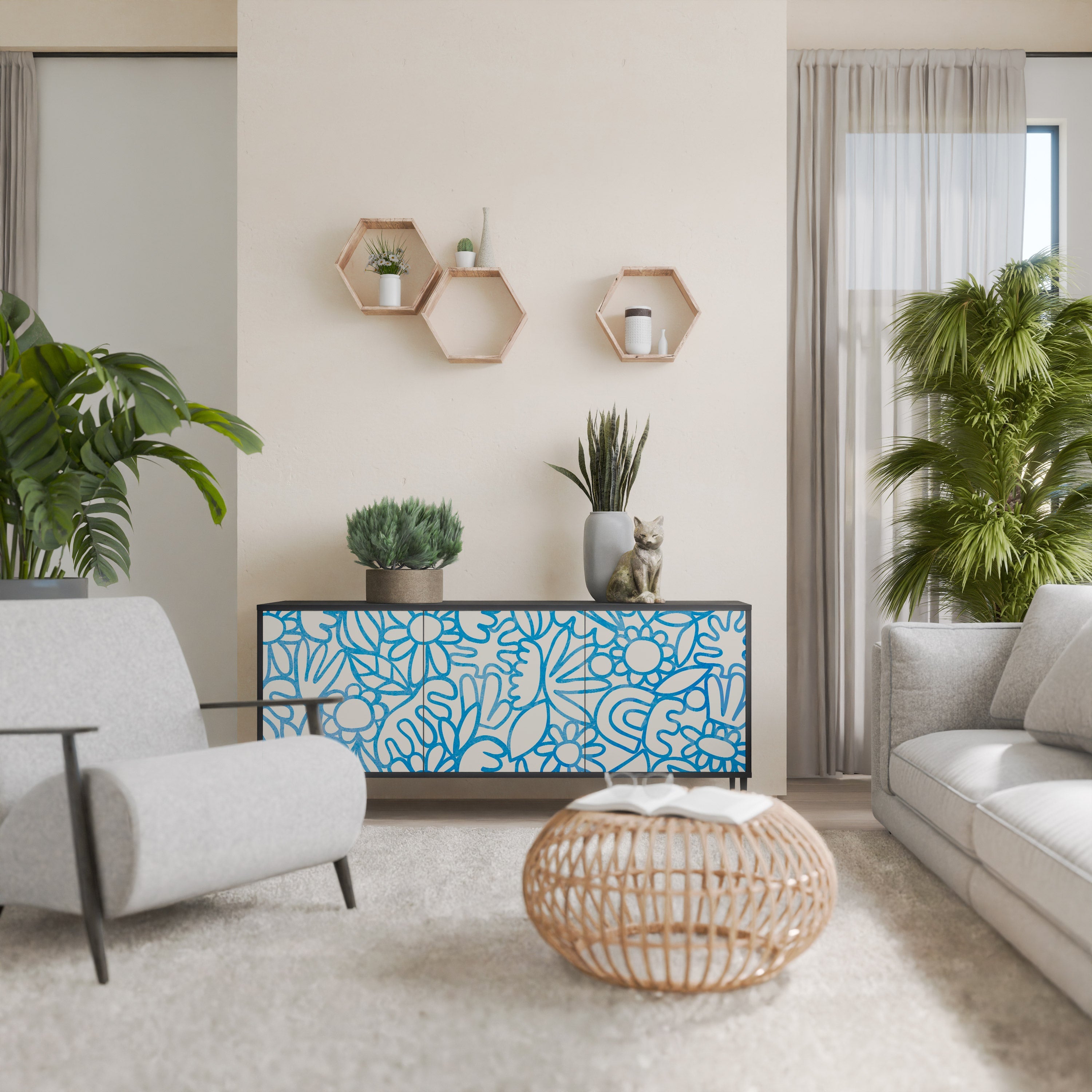 BLOOMY MORNING Aparador de 3 Portas em Acabamento Preto