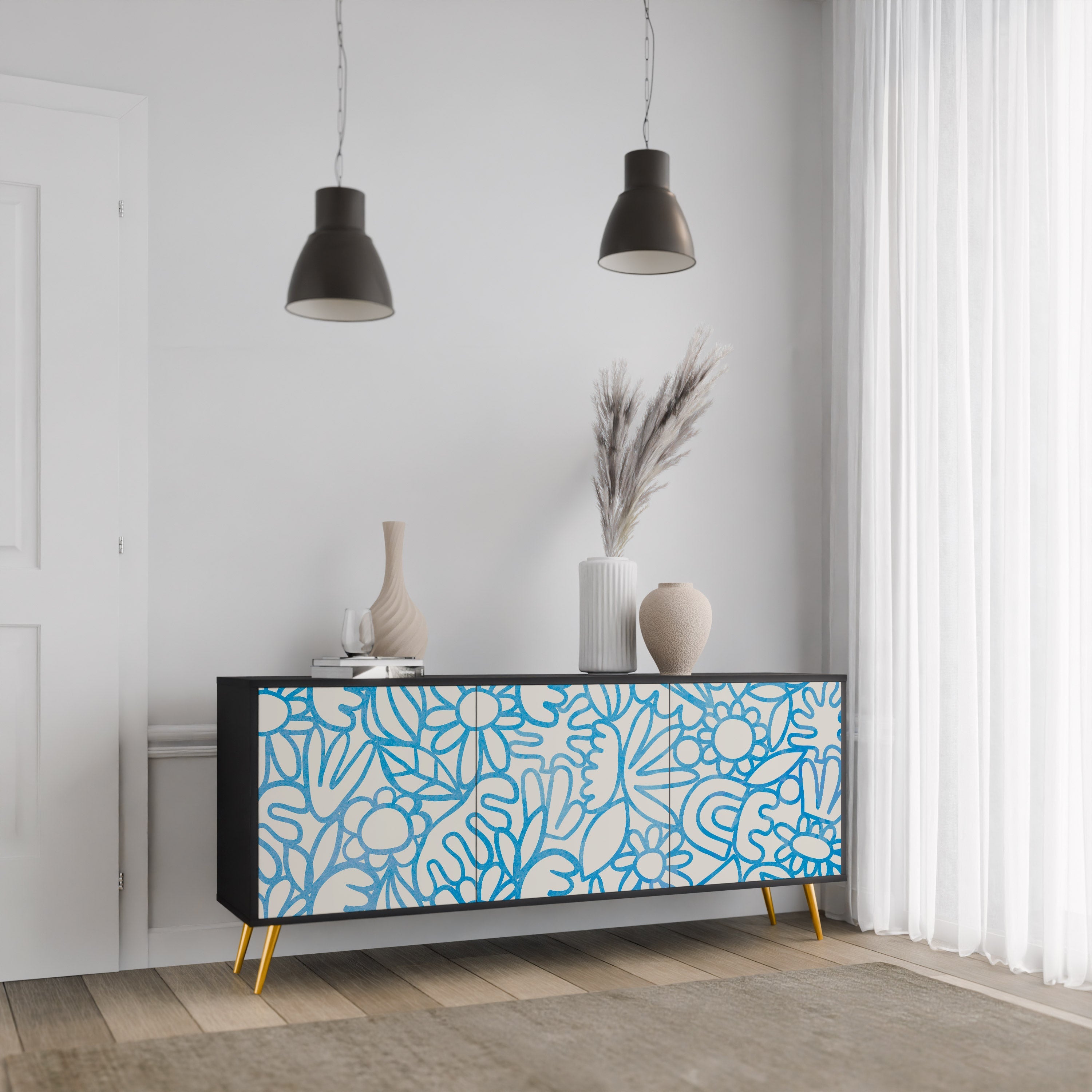BLOOMY MORNING 3-Door Sideboard in Black Finish