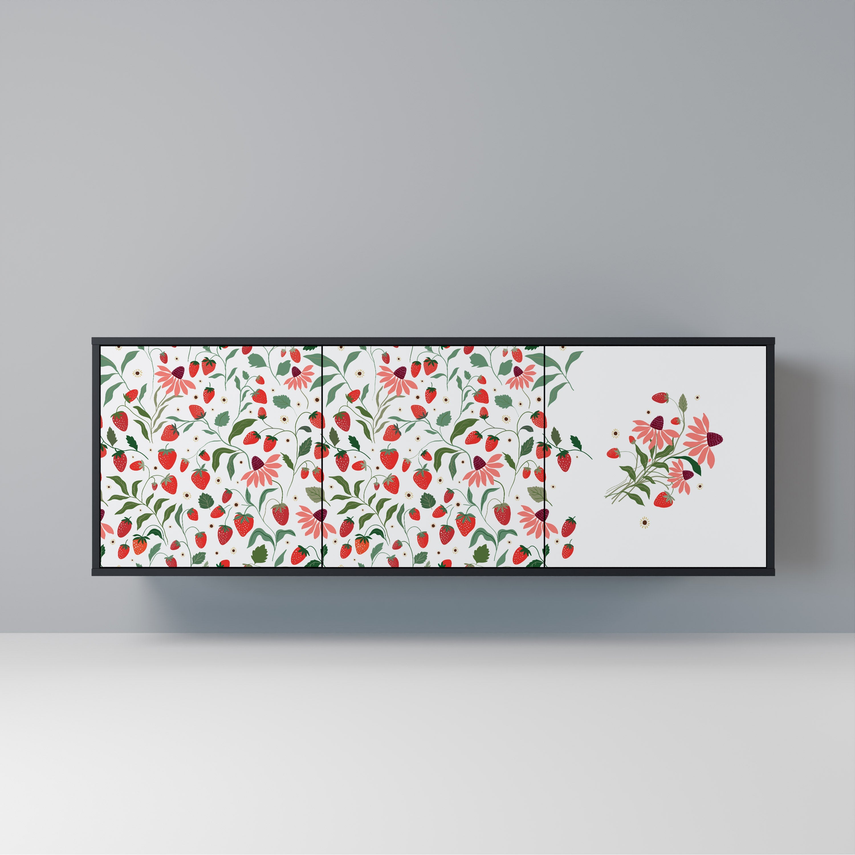 FLOWERS AND STRAWBERRIES Aparador de 3 Portas em Acabamento Preto