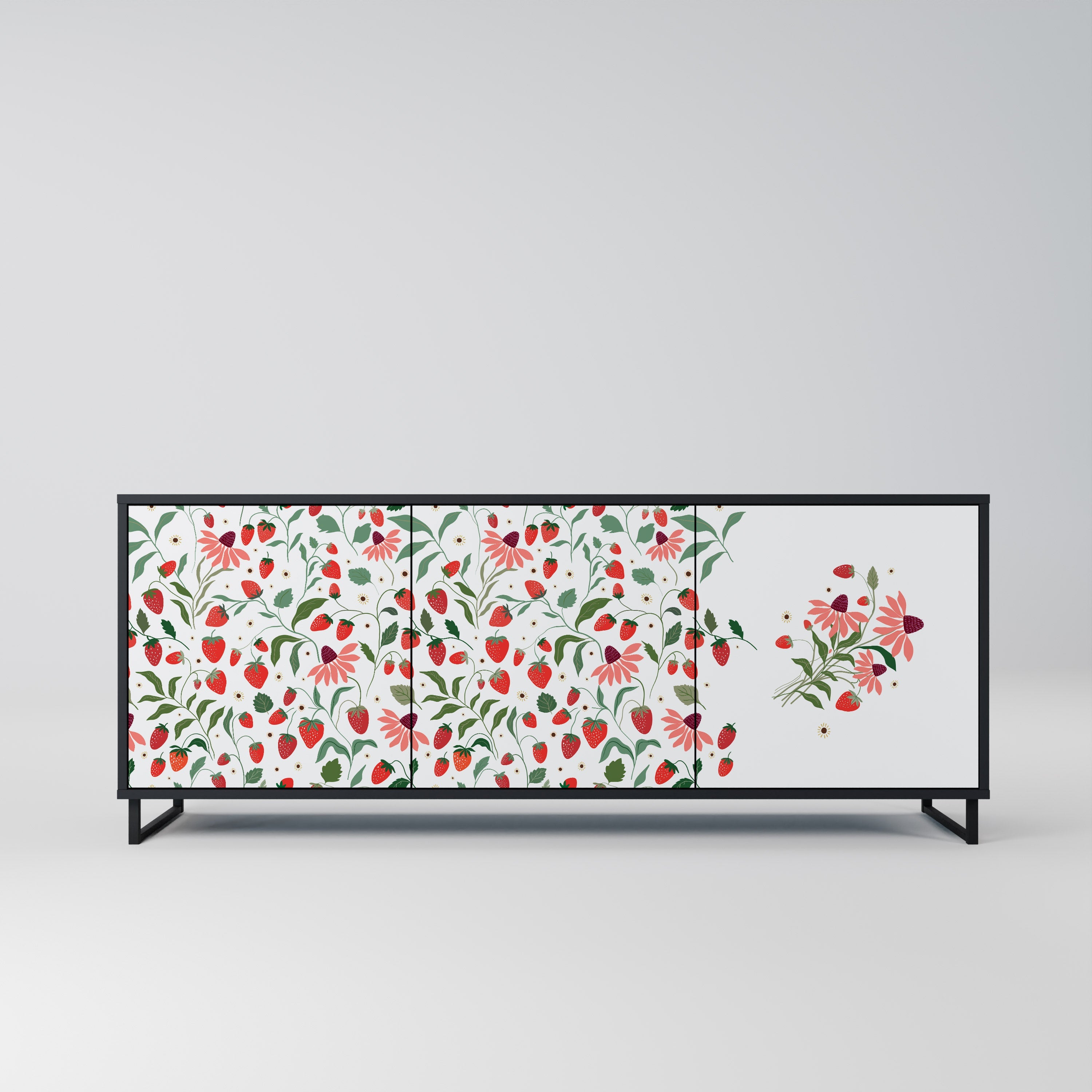 FLOWERS AND STRAWBERRIES Aparador de 3 Portas em Acabamento Preto