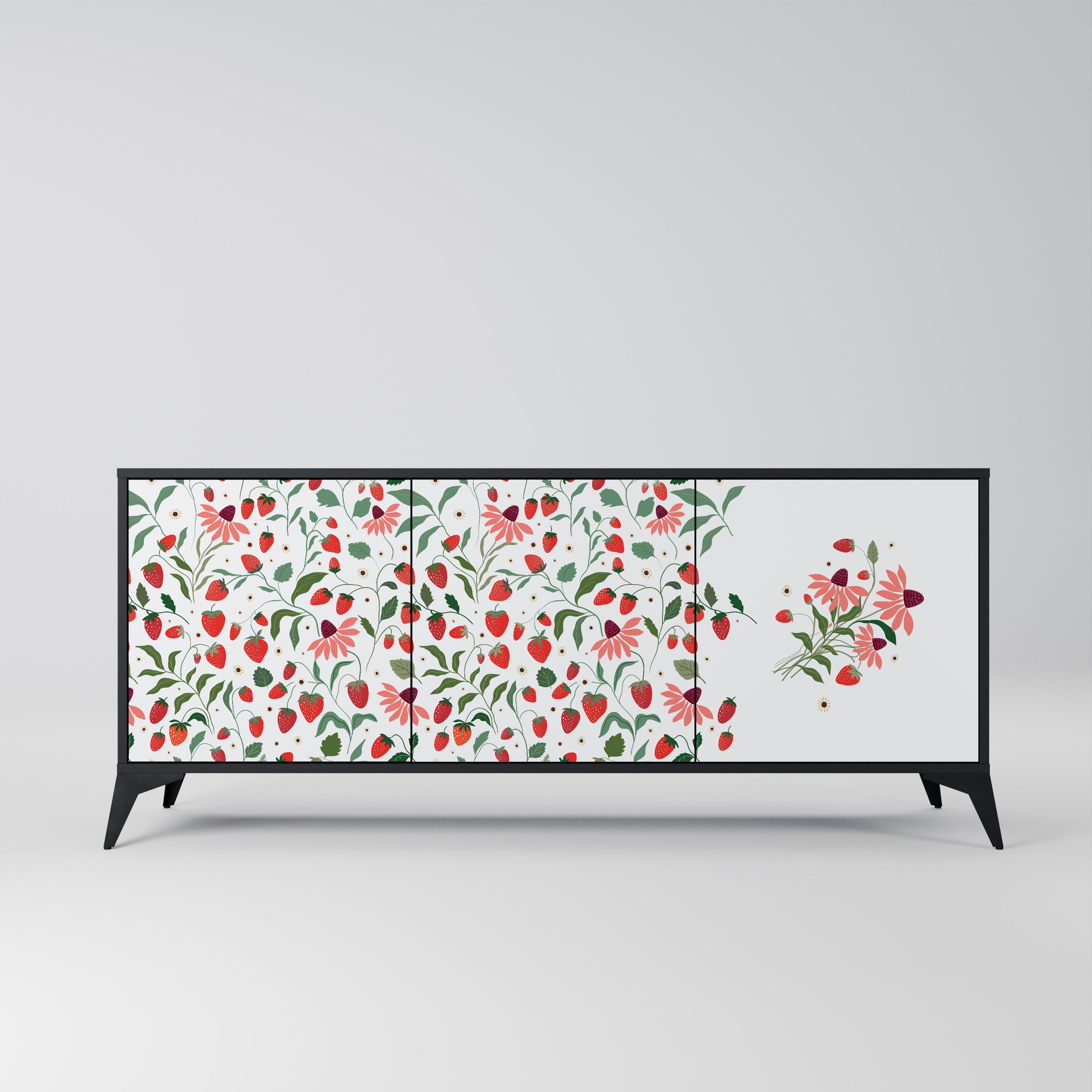FLOWERS AND STRAWBERRIES Aparador de 3 Portas em Acabamento Preto
