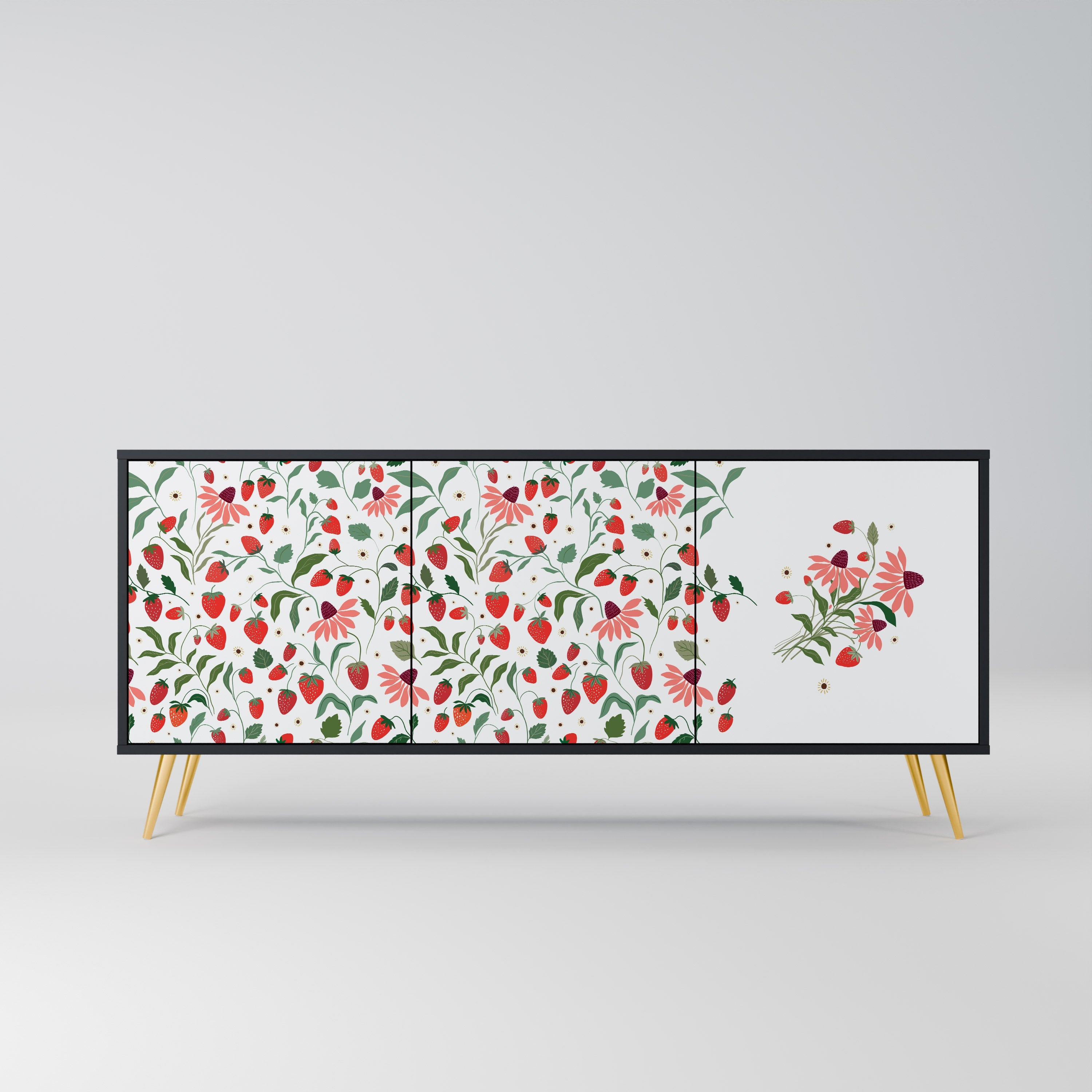 FLOWERS AND STRAWBERRIES Aparador de 3 Portas em Acabamento Preto