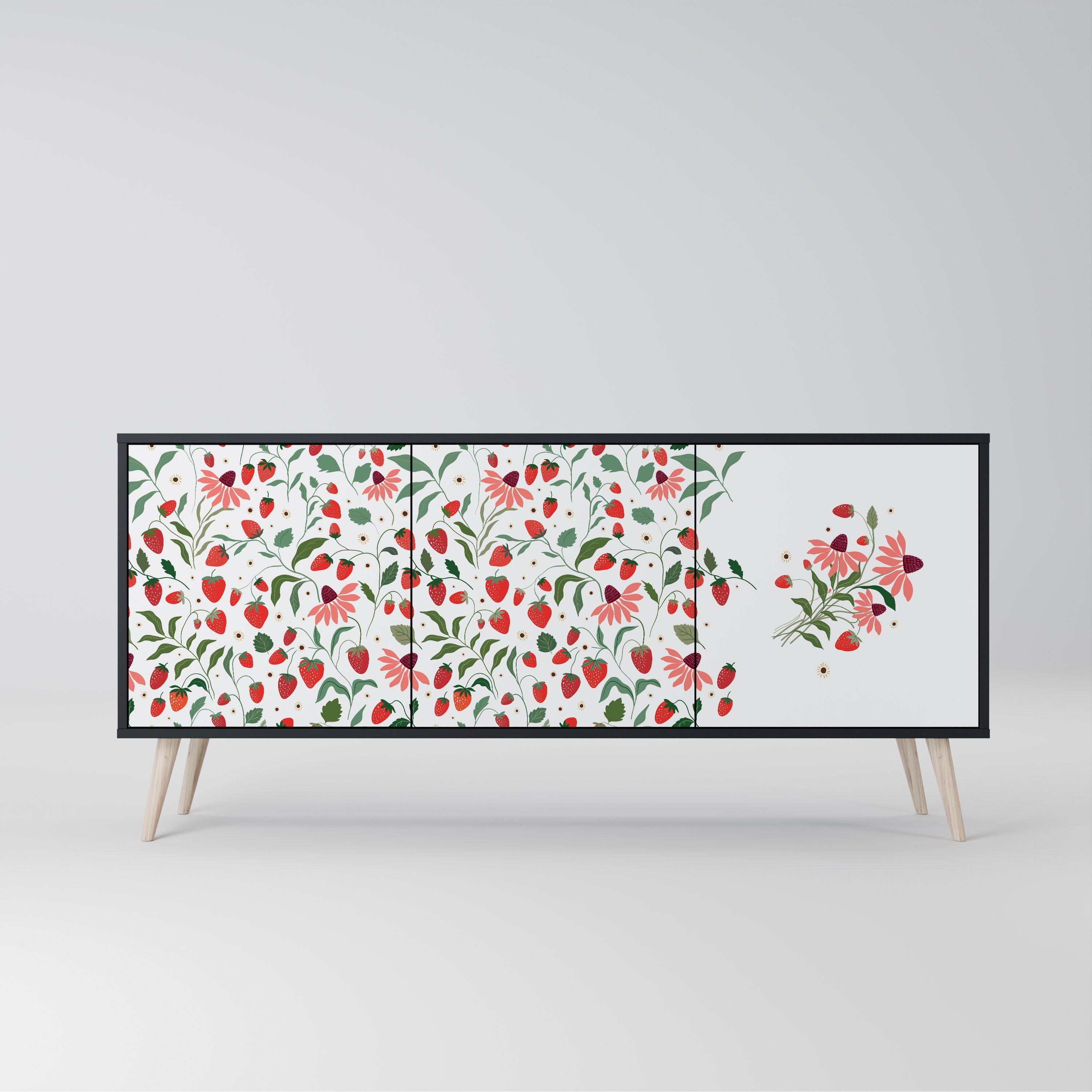 FLOWERS AND STRAWBERRIES Aparador de 3 Portas em Acabamento Preto