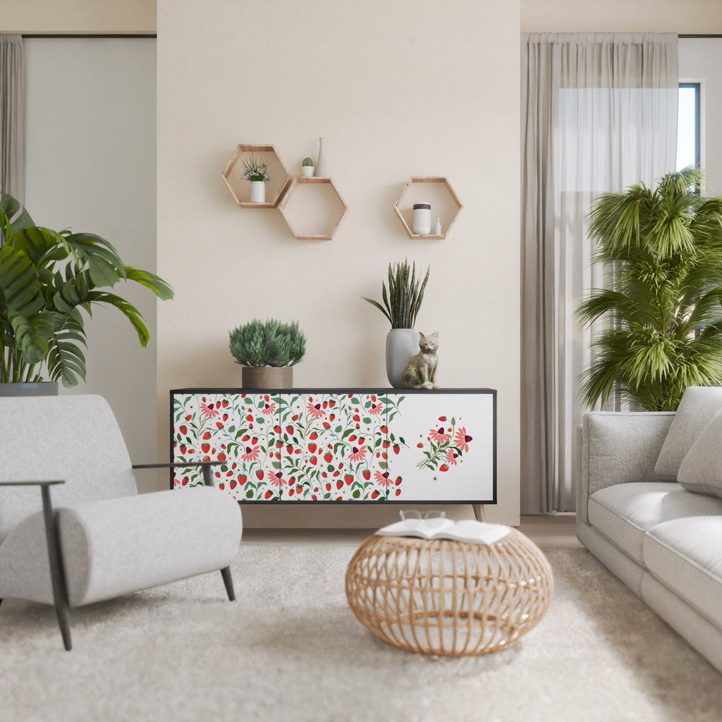 FLOWERS AND STRAWBERRIES Aparador de 3 Portas em Acabamento Preto