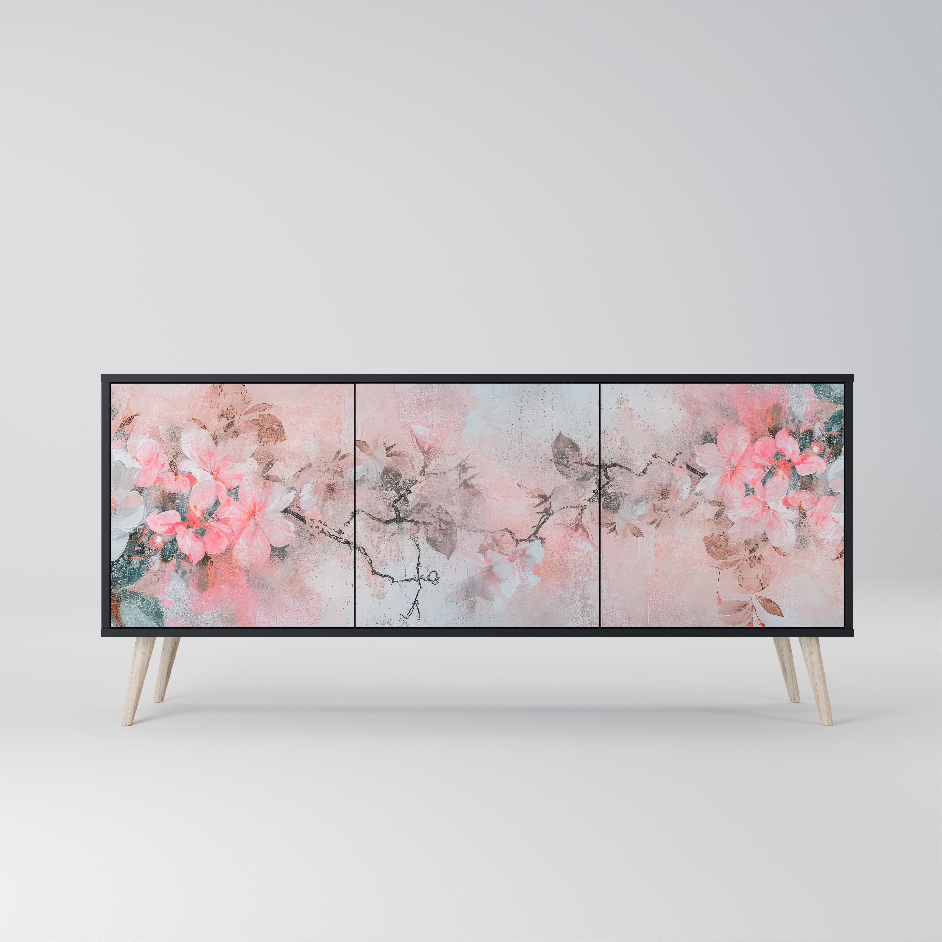 CHERRY BLOSSOM Aparador de 3 Portas em Acabamento Preto