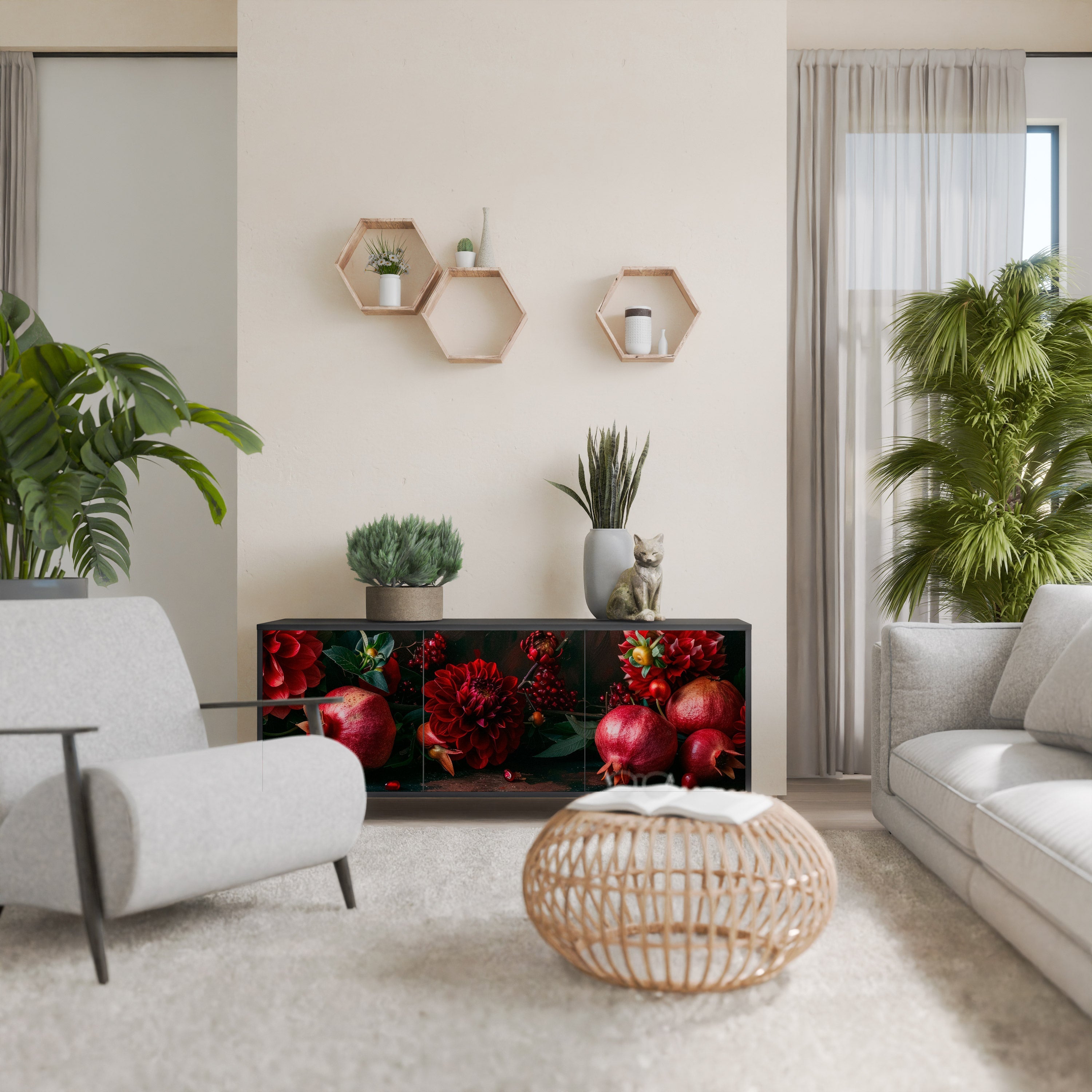 DAHLIAS AND POMEGRANATES Aparador de 3 Portas em Acabamento Preto