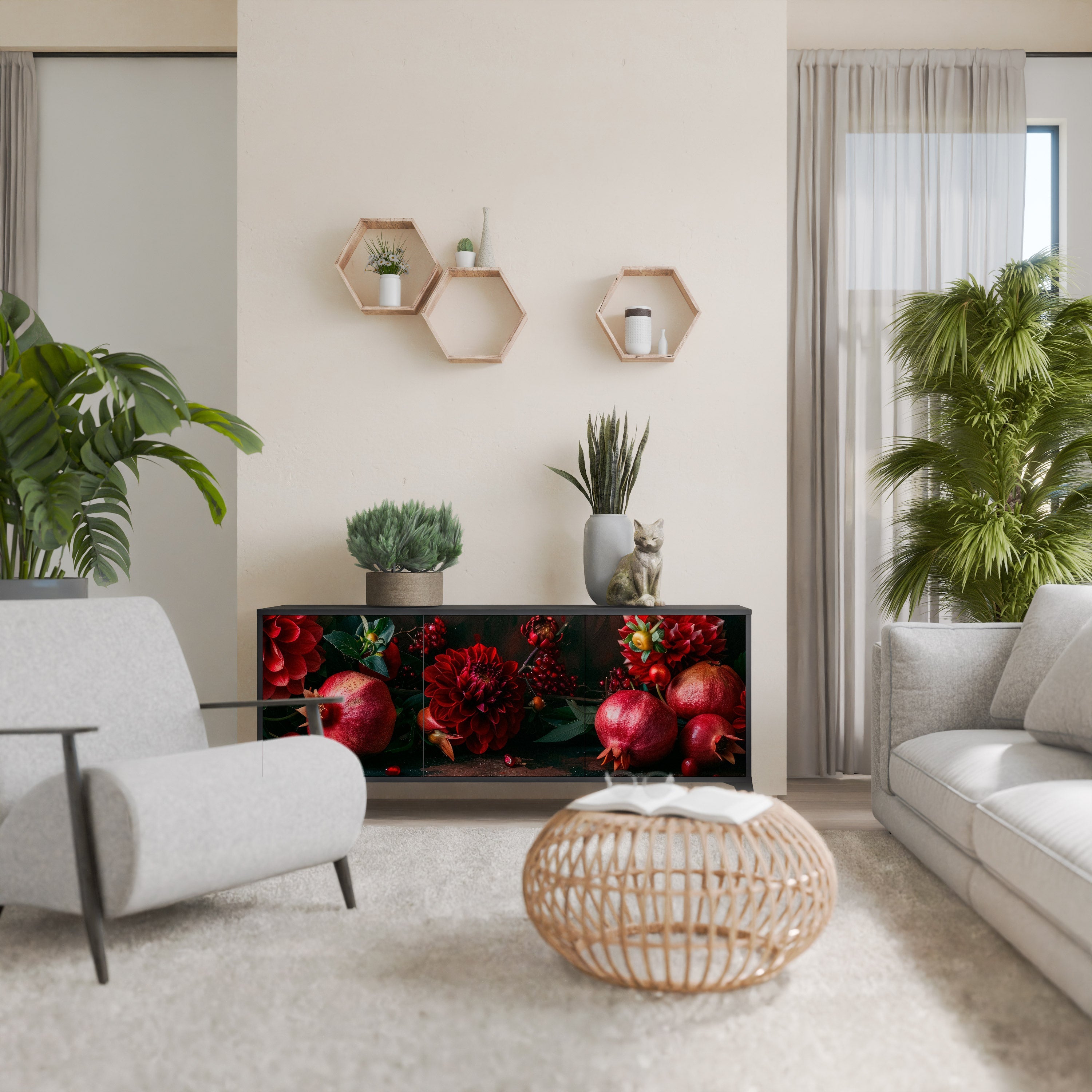 DAHLIAS AND POMEGRANATES Aparador de 3 Portas em Acabamento Preto