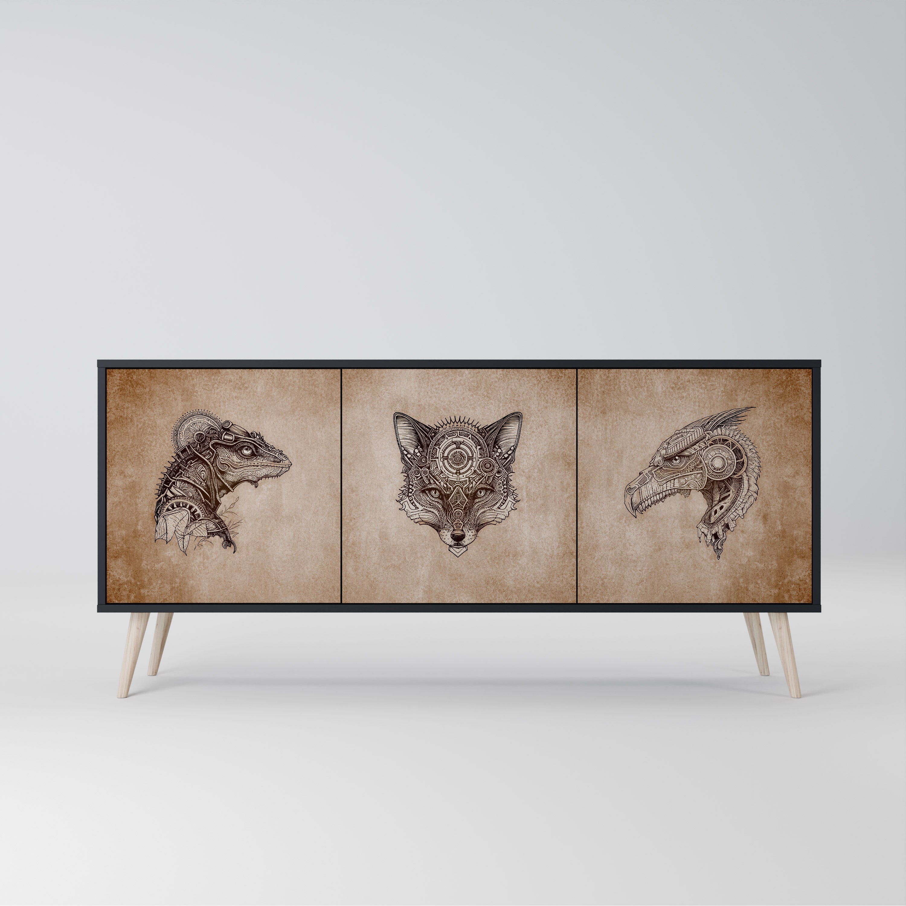 STEAMPUNK CLAN Aparador de 3 Portas em Acabamento Preto