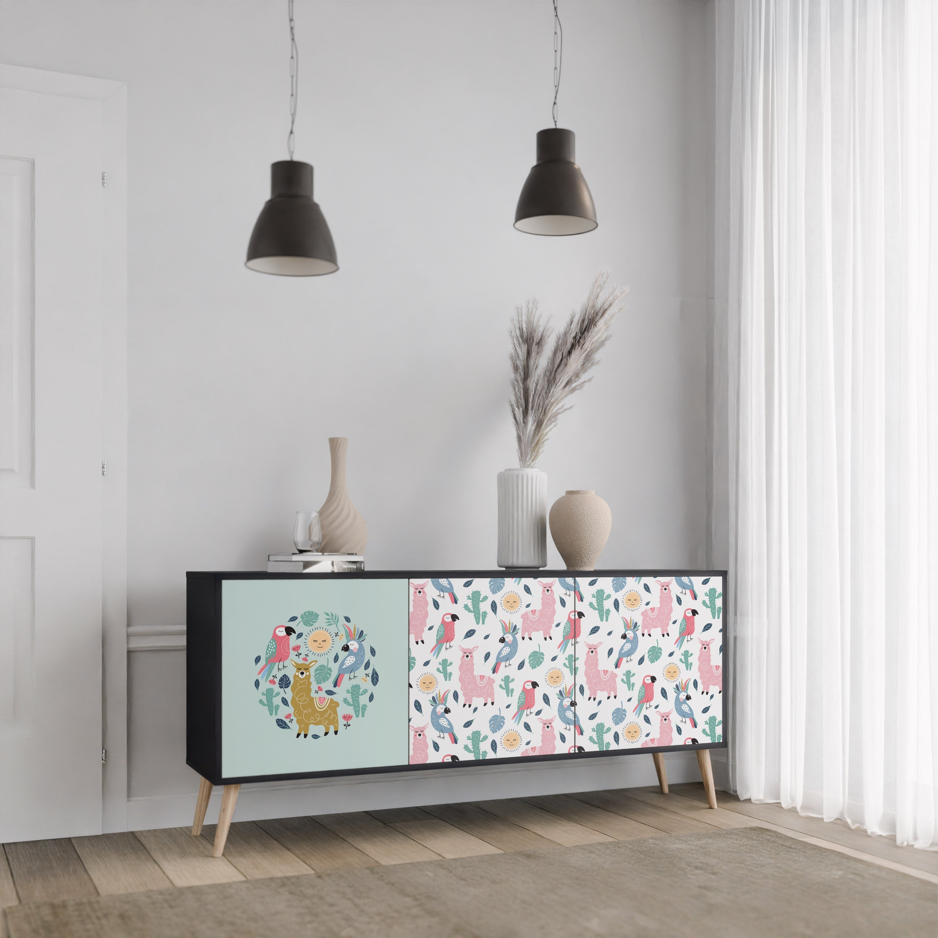 COLORFUL ALPACAS Aparador de 3 Portas em Acabamento Preto