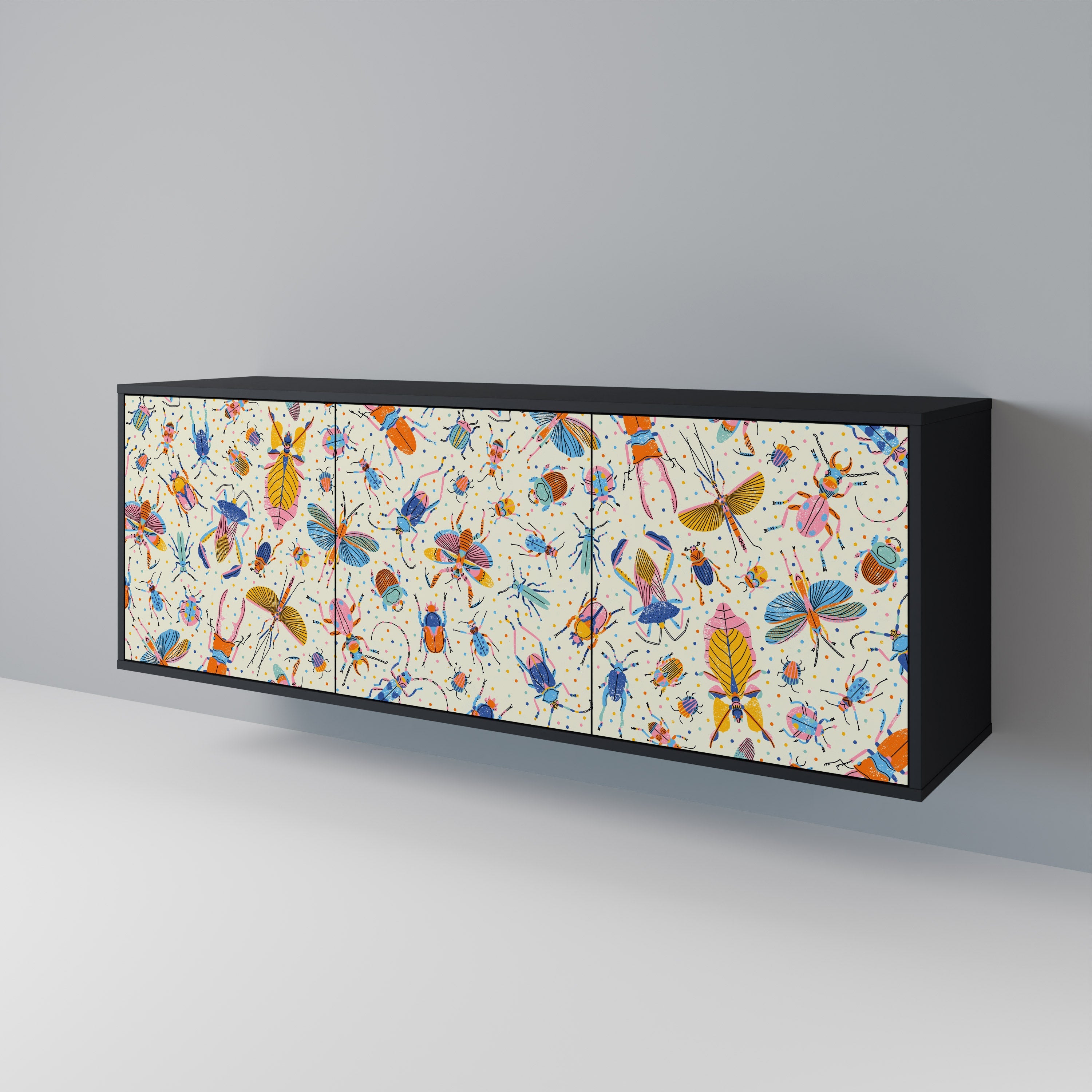 COLORFUL INSECTS 3-Door Sideboard in Black Finish