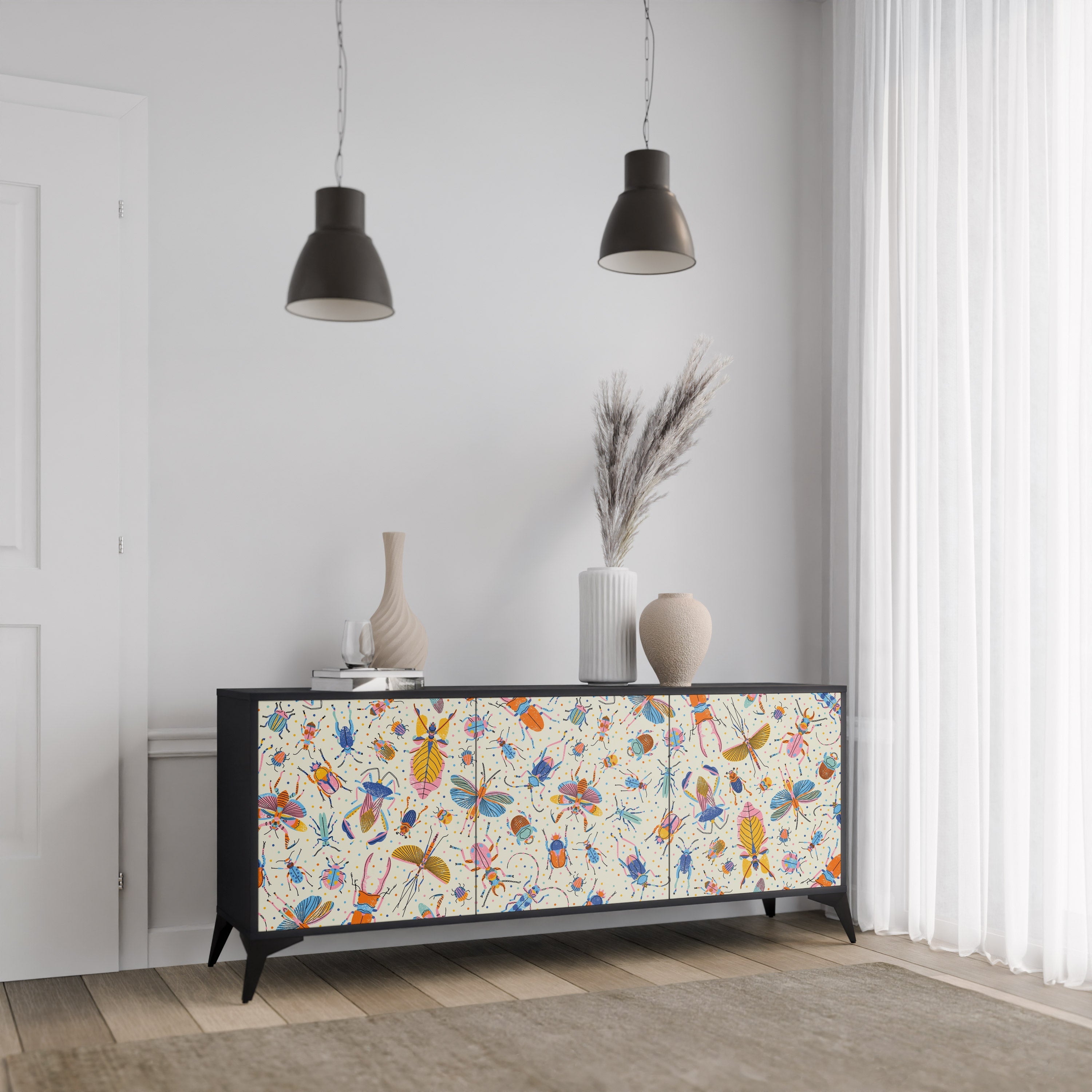 COLORFUL INSECTS 3-Door Sideboard in Black Finish