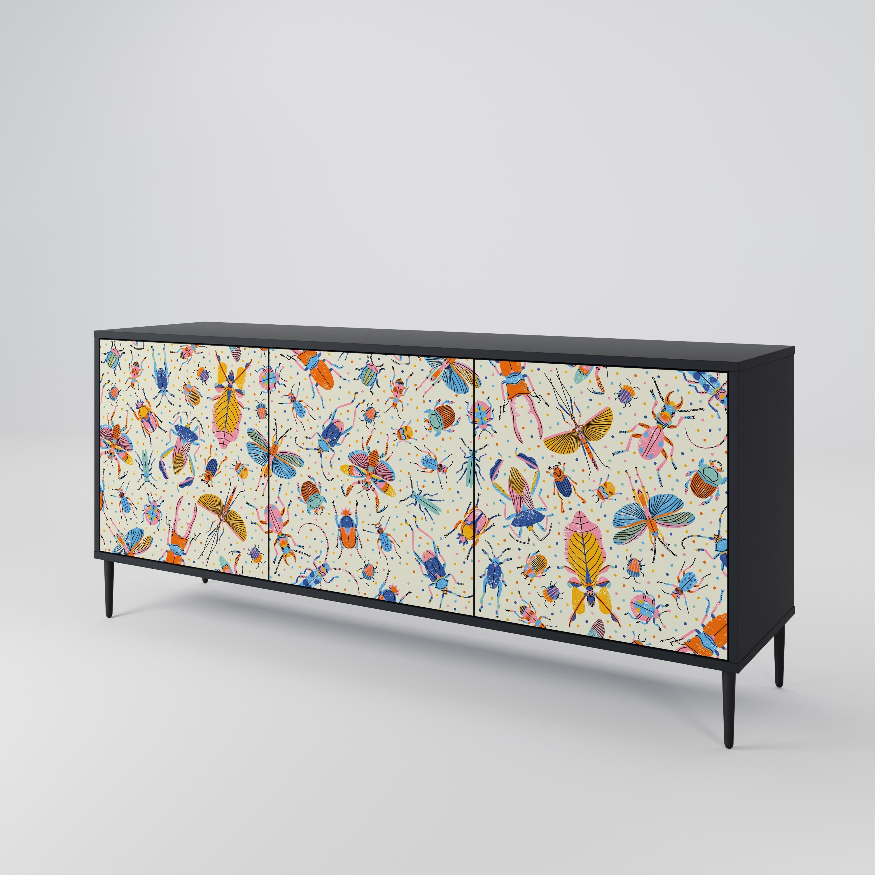 COLORFUL INSECTS 3-Door Sideboard in Black Finish