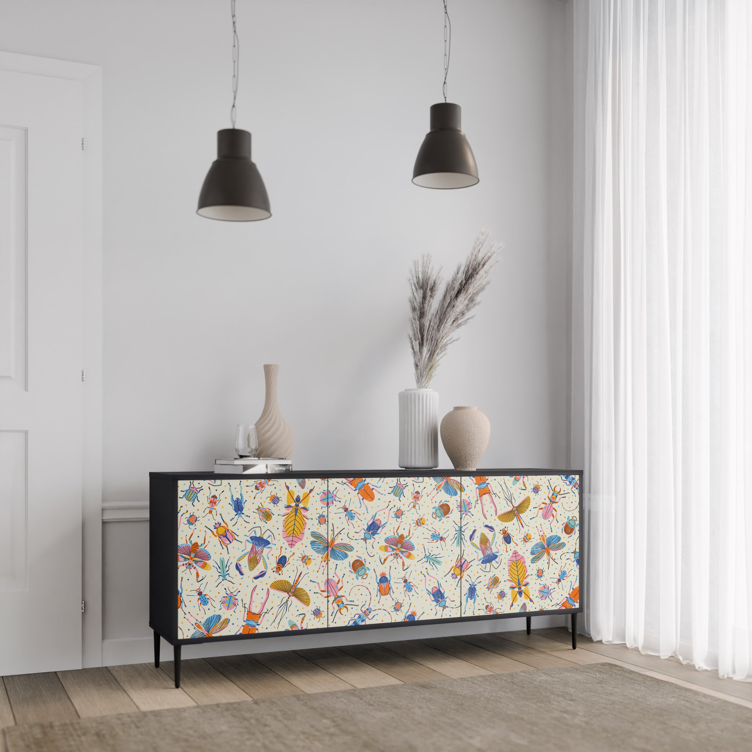 COLORFUL INSECTS 3-Door Sideboard in Black Finish