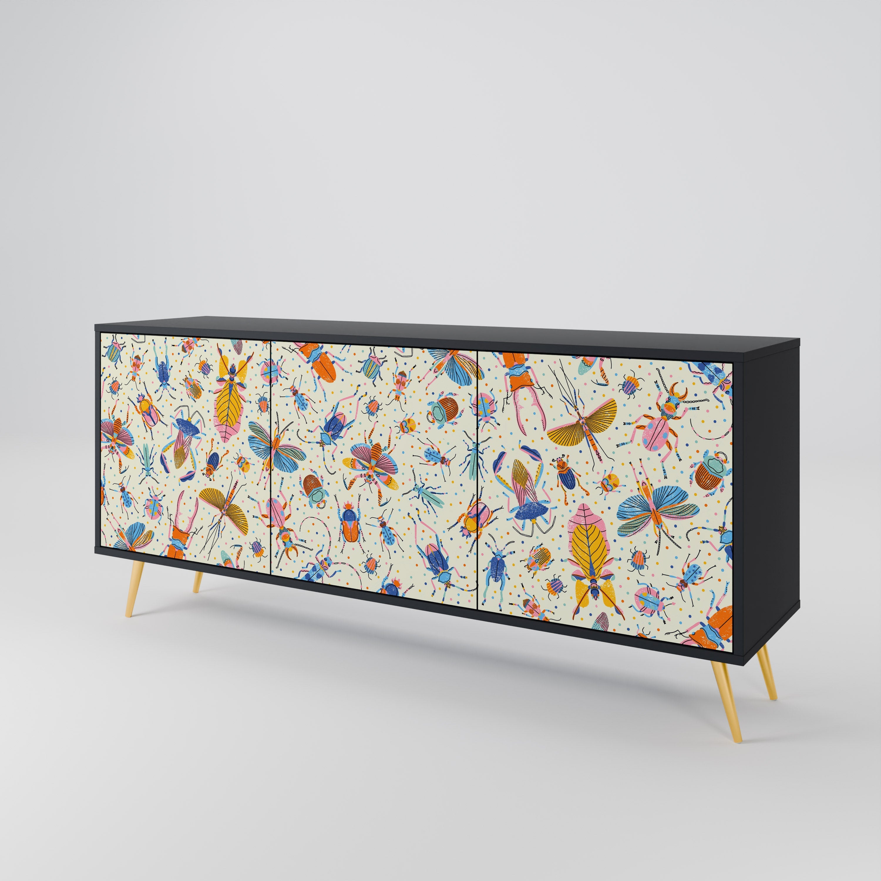 COLORFUL INSECTS 3-Door Sideboard in Black Finish