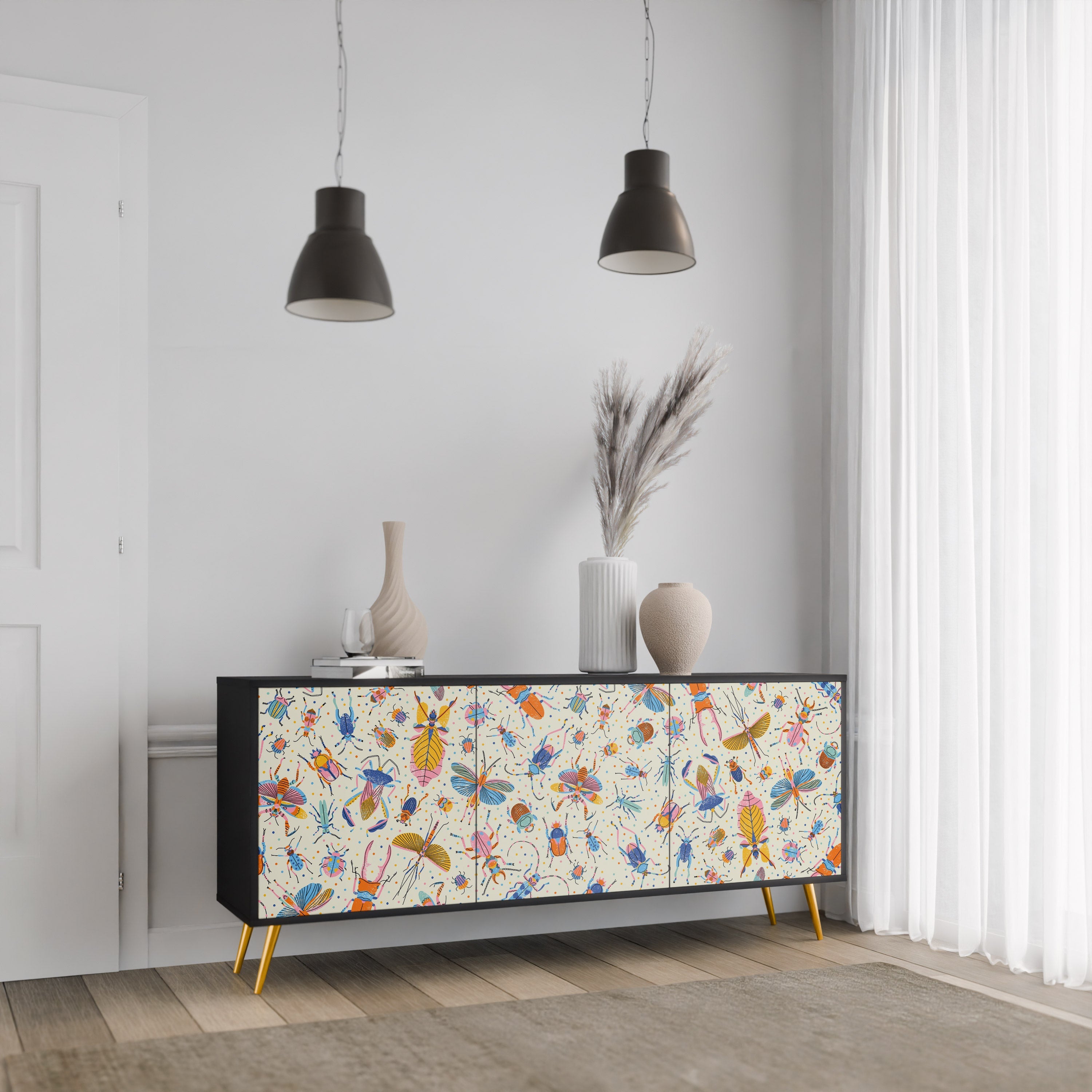 COLORFUL INSECTS 3-Door Sideboard in Black Finish