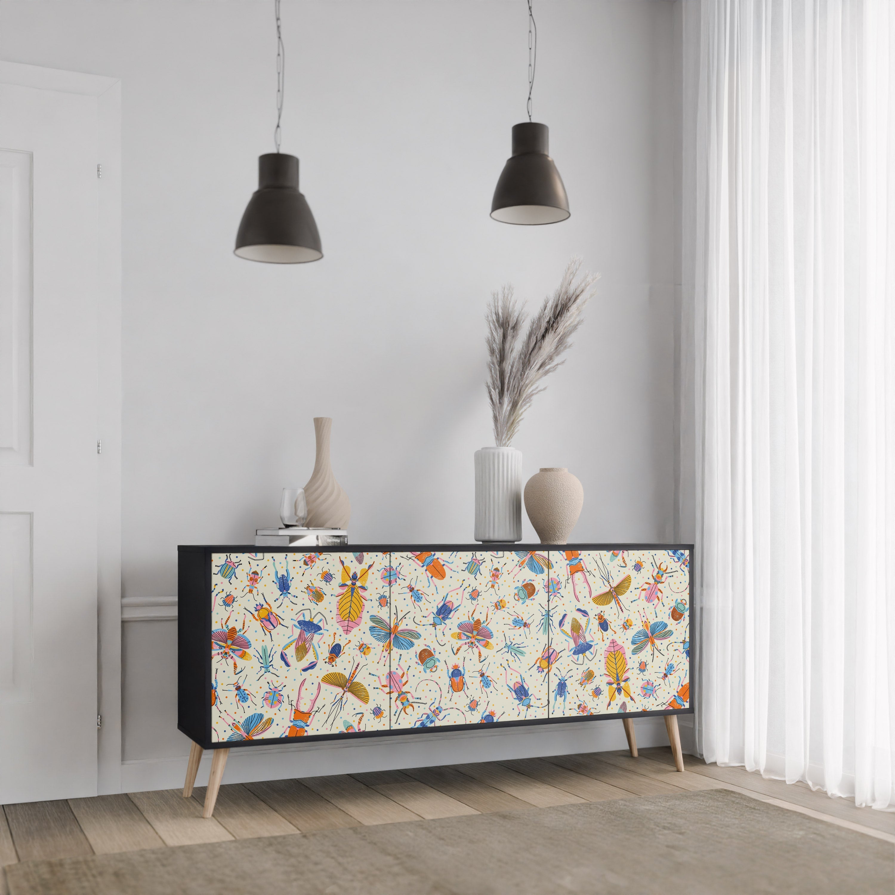 COLORFUL INSECTS 3-Door Sideboard in Black Finish