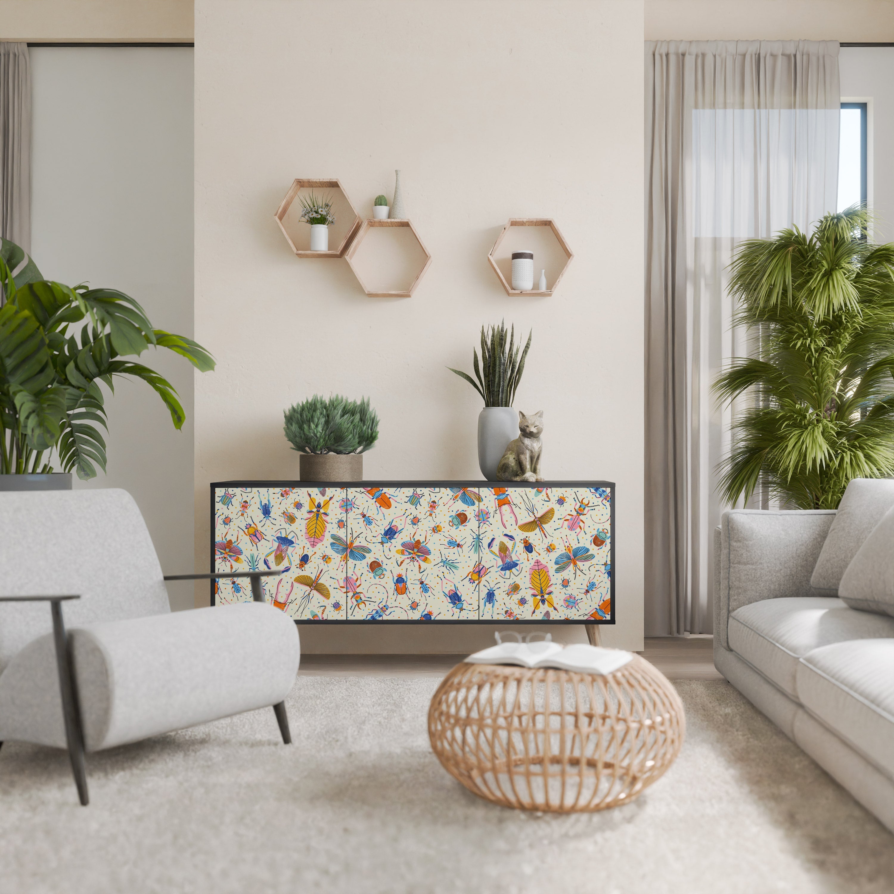 COLORFUL INSECTS 3-Door Sideboard in Black Finish