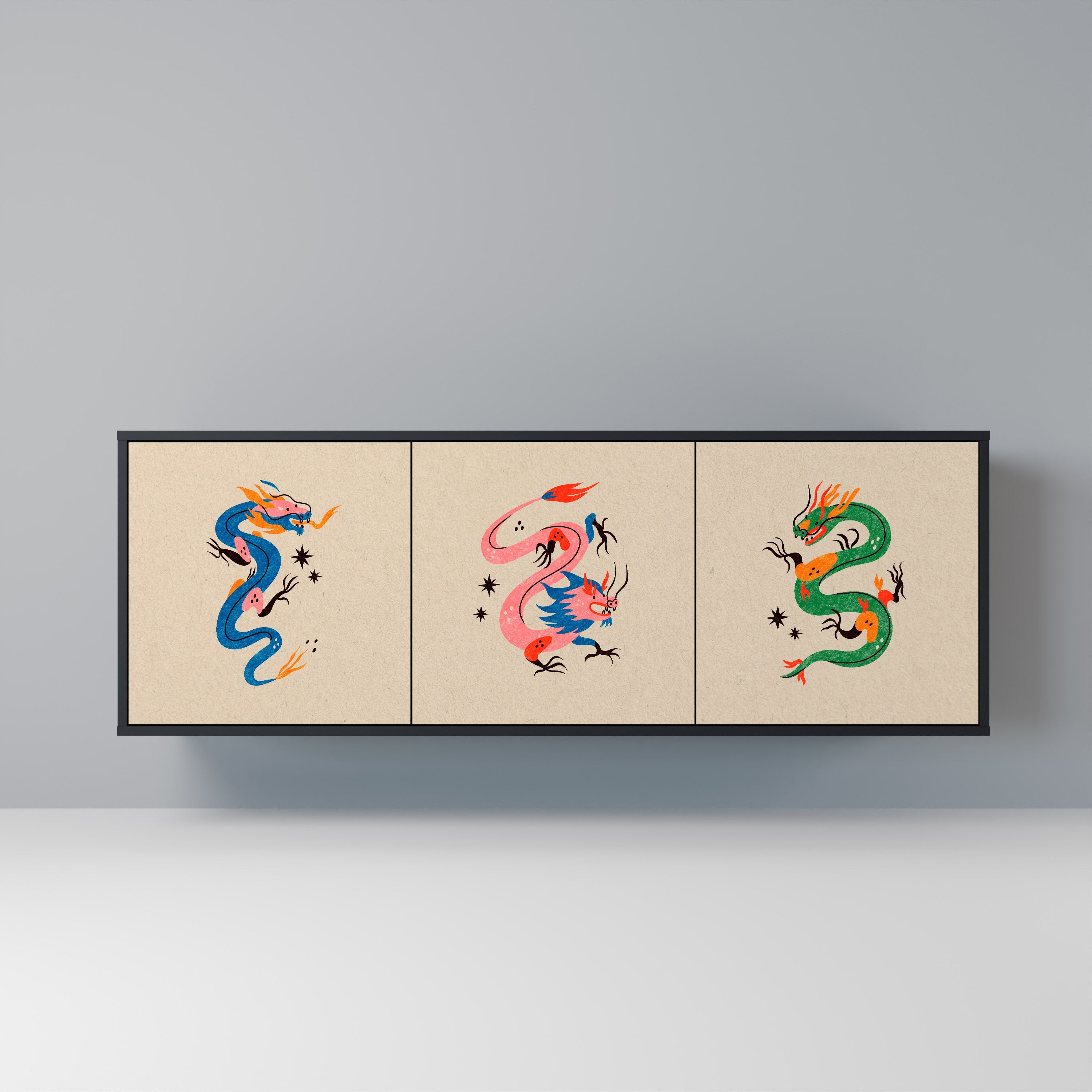 MYTHOLOGICAL CREATURES Aparador de 3 Portas em Acabamento Preto