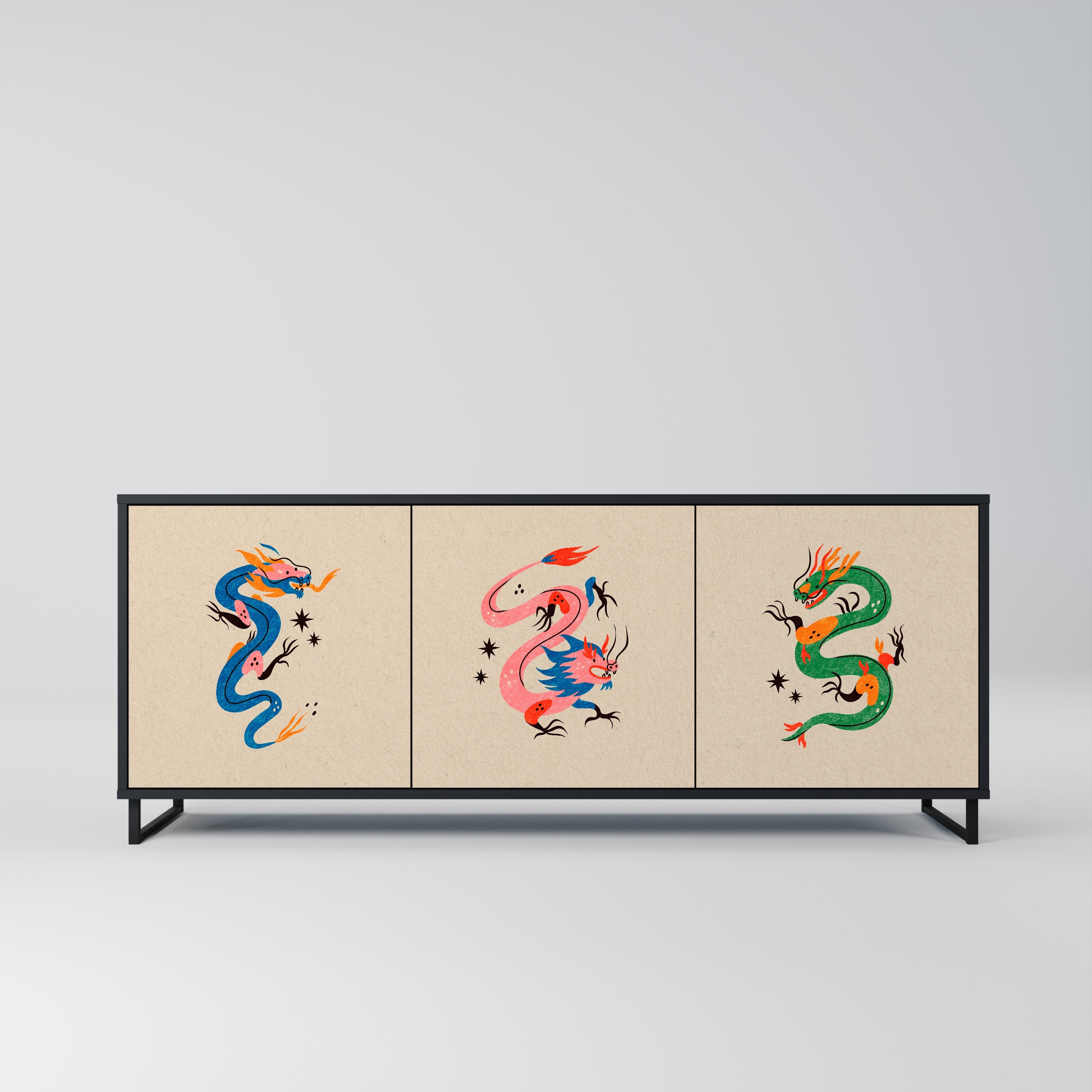 MYTHOLOGICAL CREATURES Aparador de 3 Portas em Acabamento Preto
