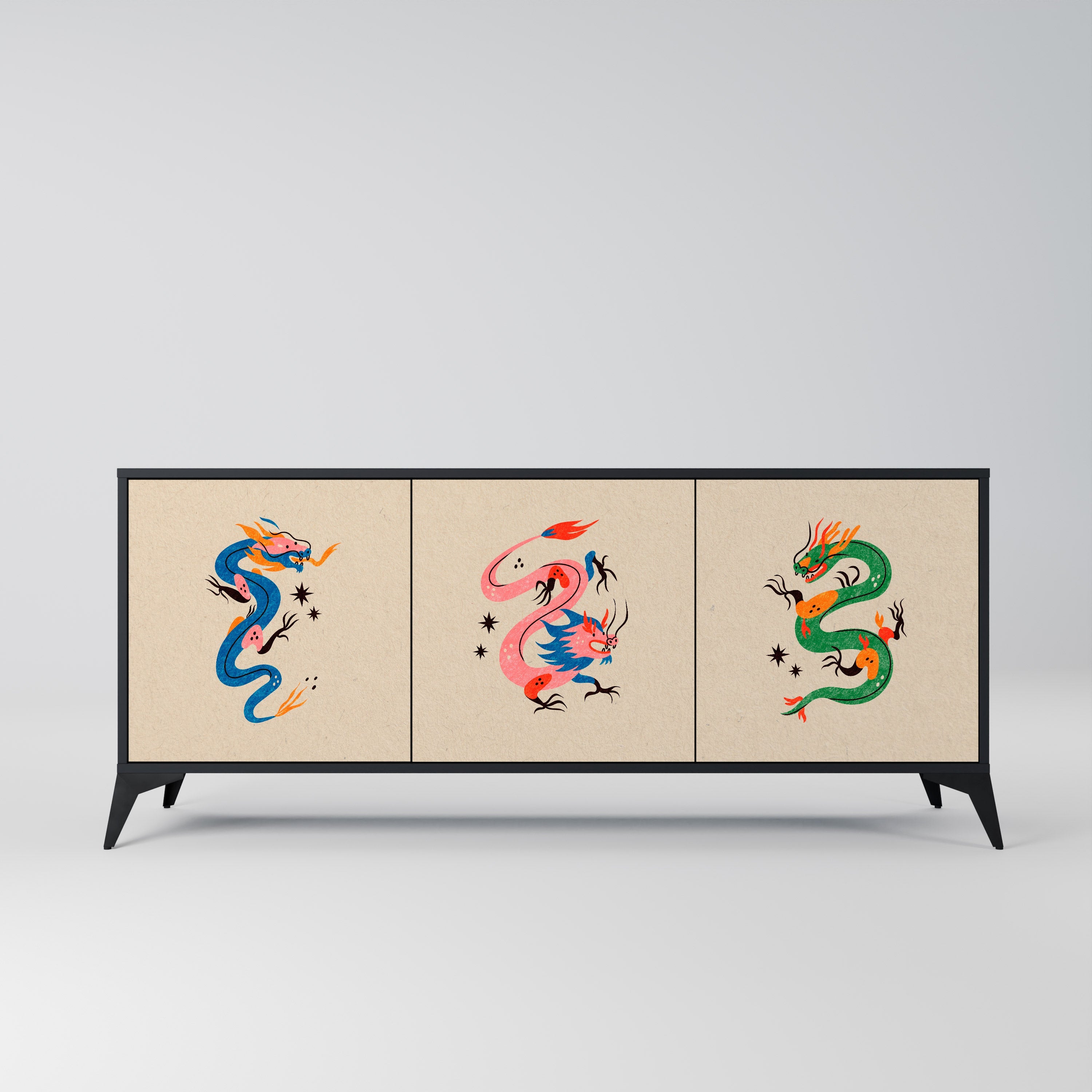 MYTHOLOGICAL CREATURES Aparador de 3 Portas em Acabamento Preto