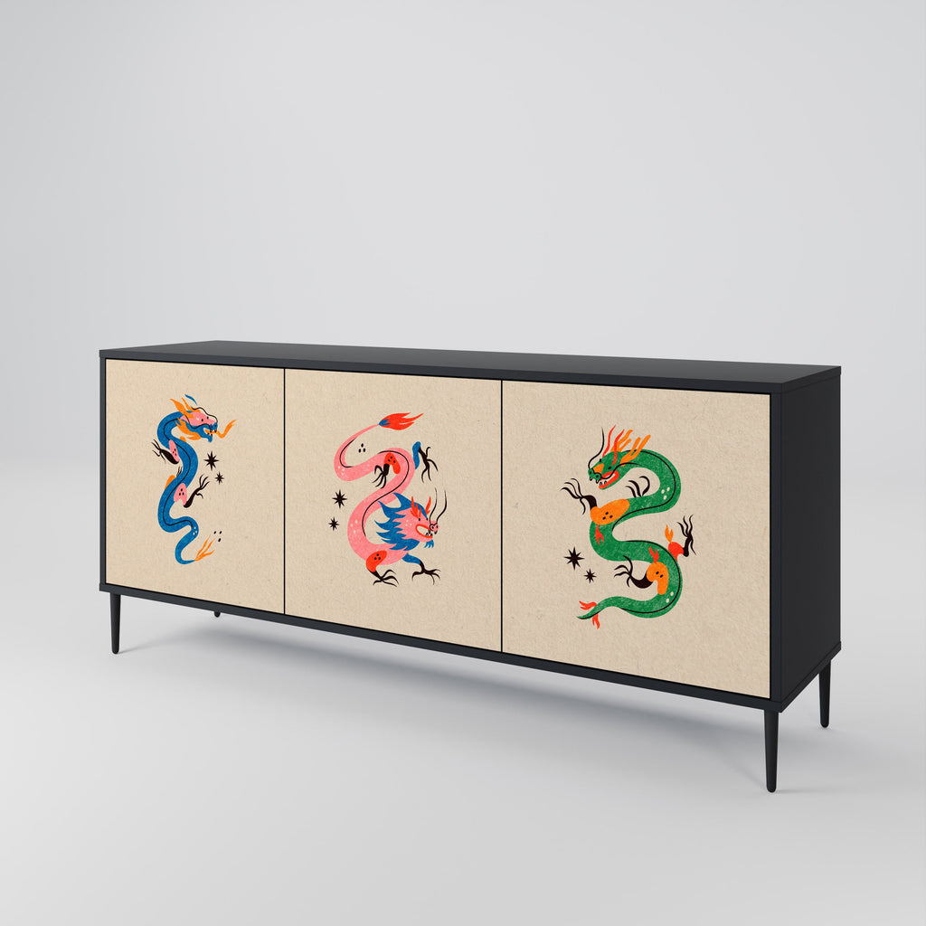 MYTHOLOGICAL CREATURES Aparador de 3 Portas em Acabamento Preto