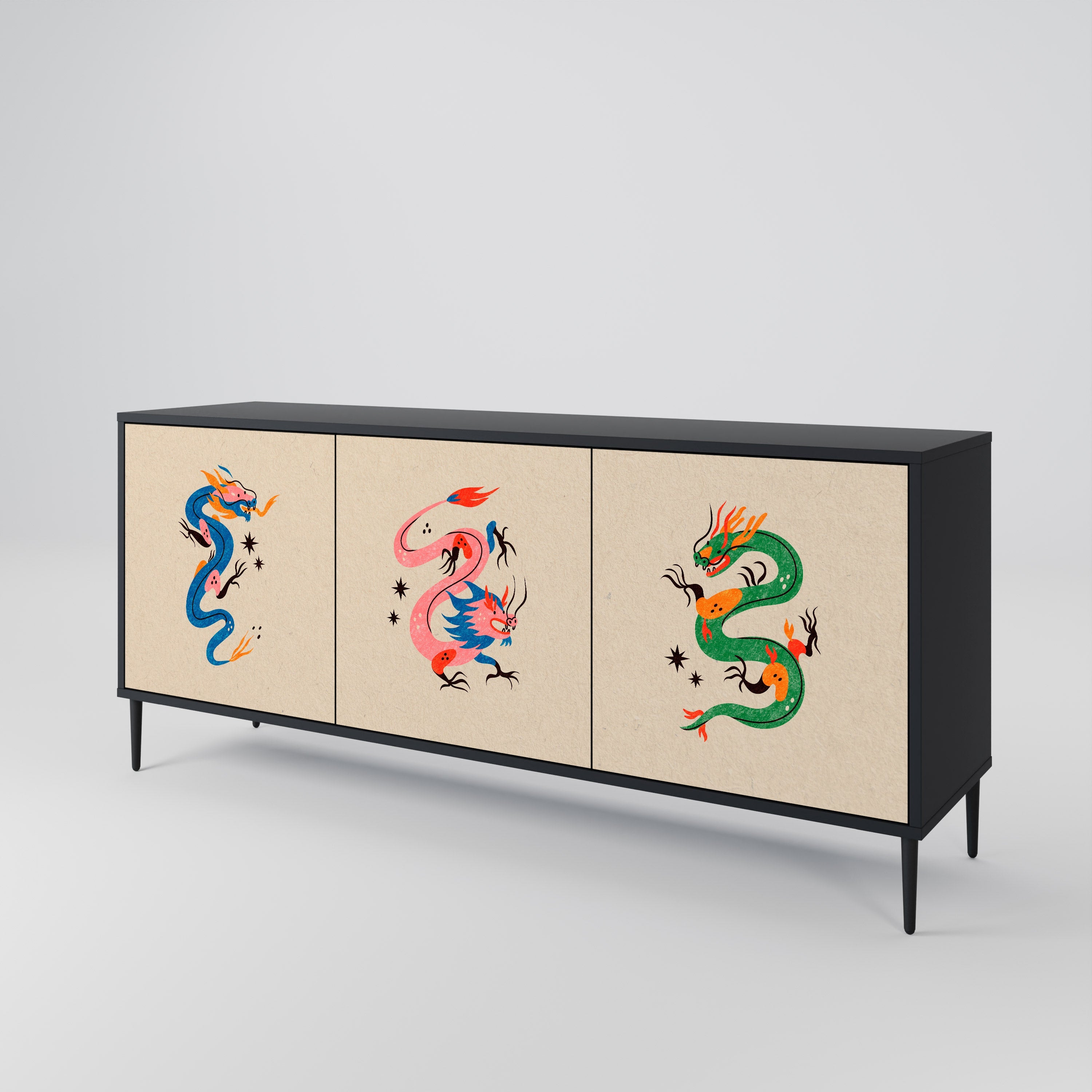 MYTHOLOGICAL CREATURES Aparador de 3 Portas em Acabamento Preto