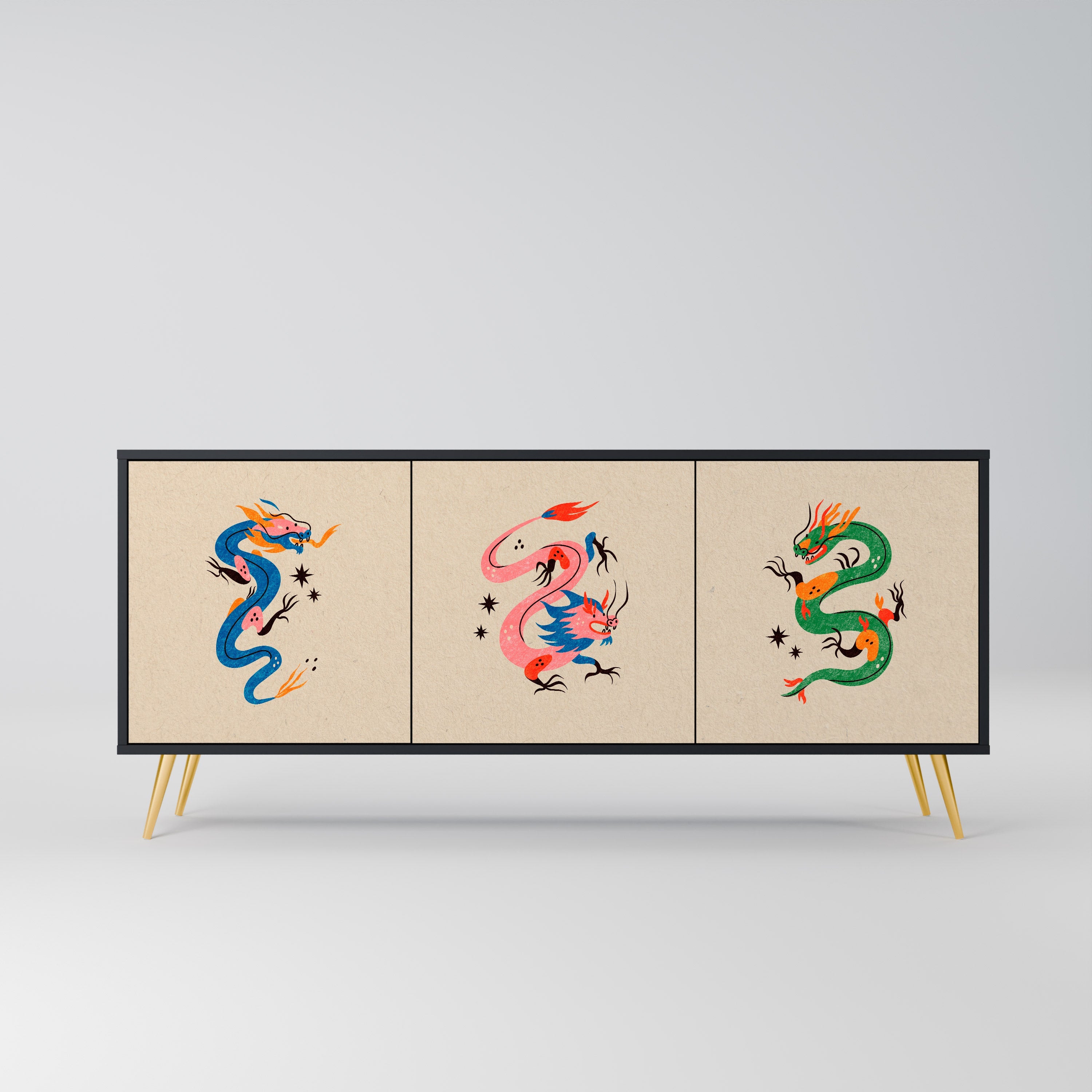 MYTHOLOGICAL CREATURES Aparador de 3 Portas em Acabamento Preto