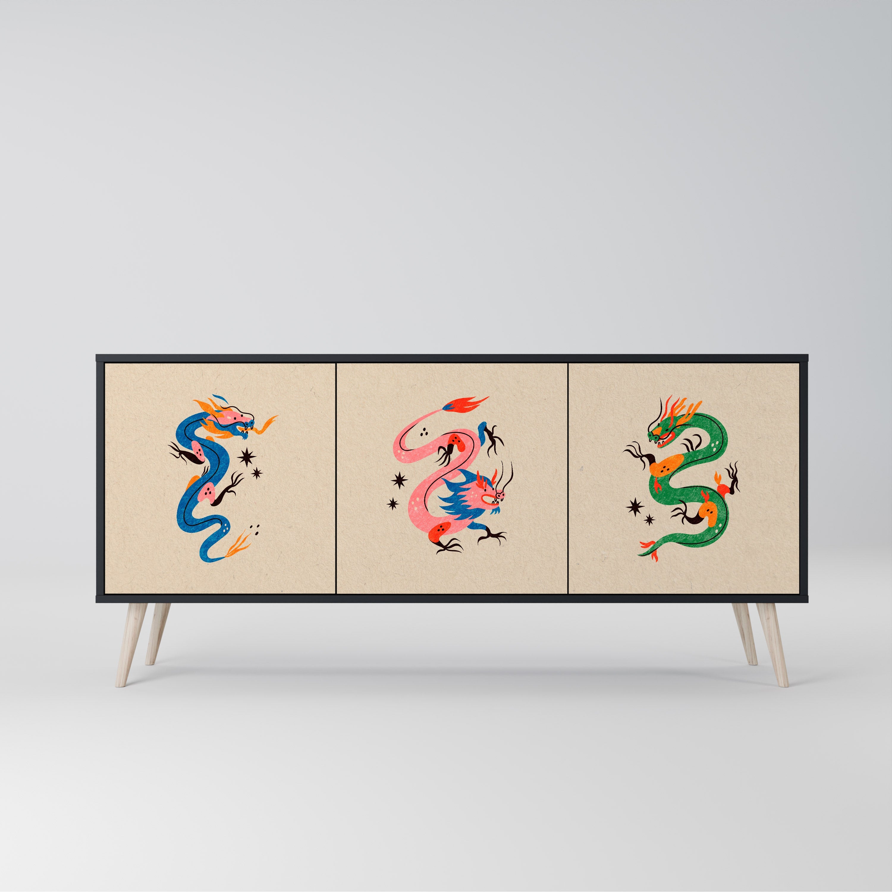 MYTHOLOGICAL CREATURES Aparador de 3 Portas em Acabamento Preto