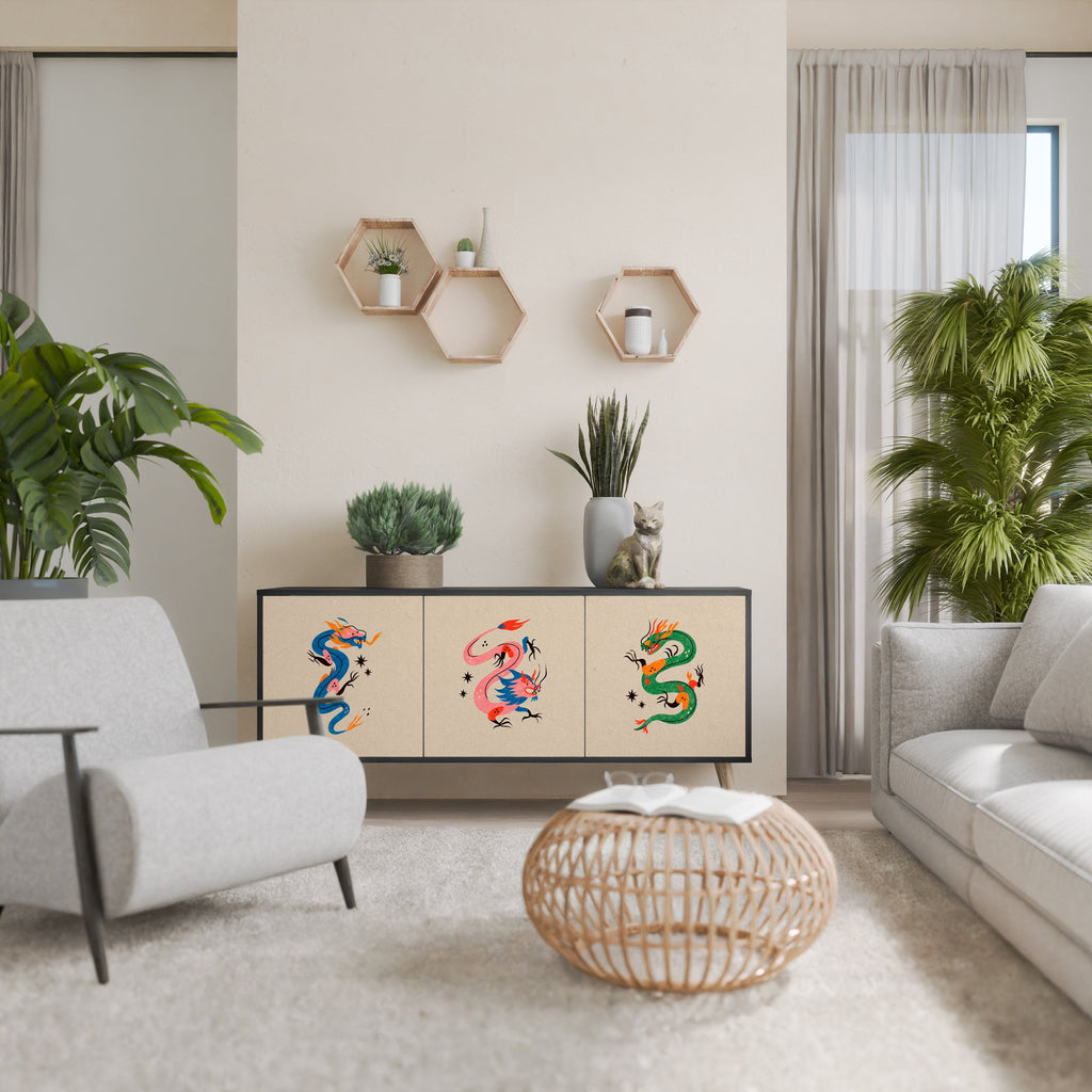 MYTHOLOGICAL CREATURES Aparador de 3 Portas em Acabamento Preto