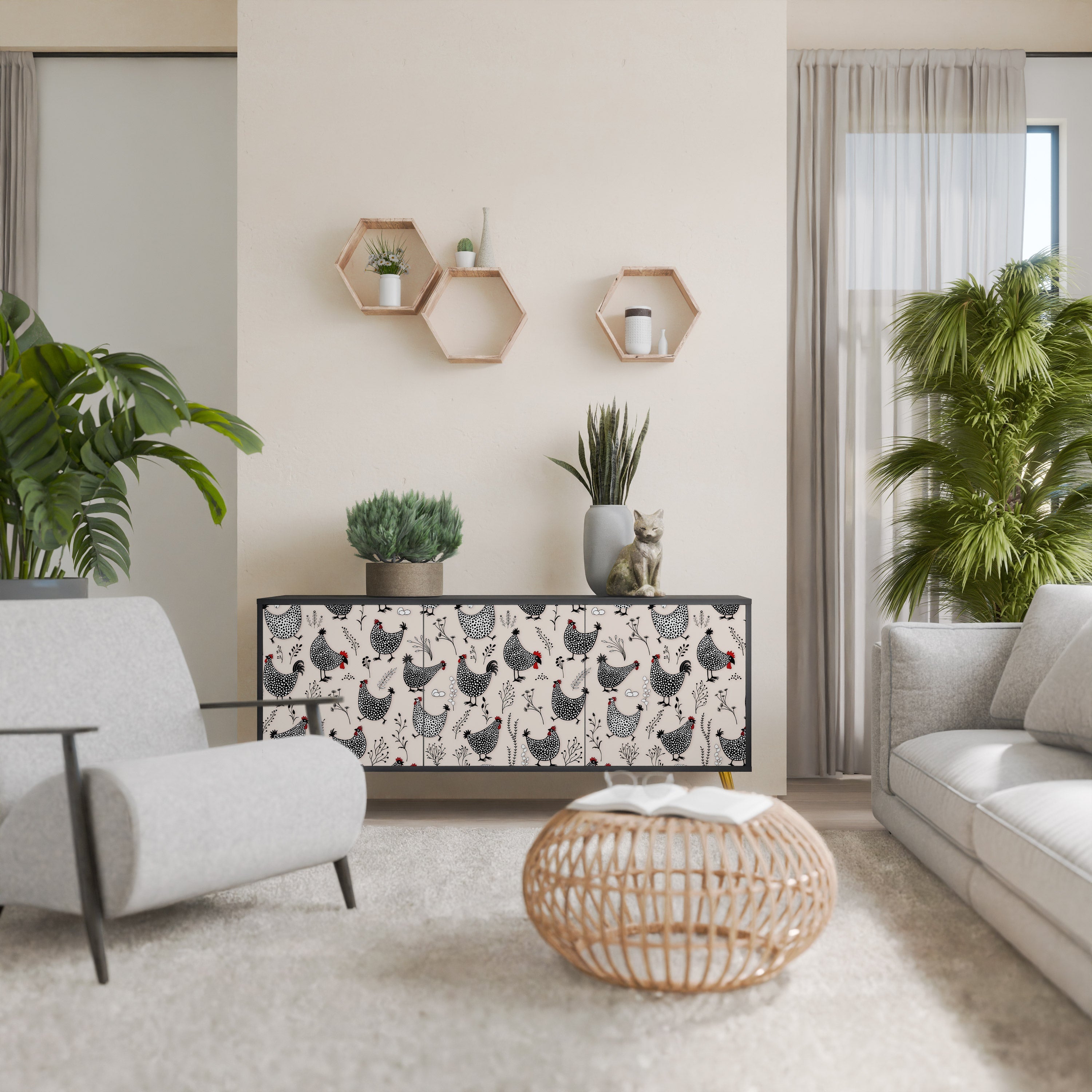 HAPPY HENS Aparador de 3 Portas em Acabamento Preto