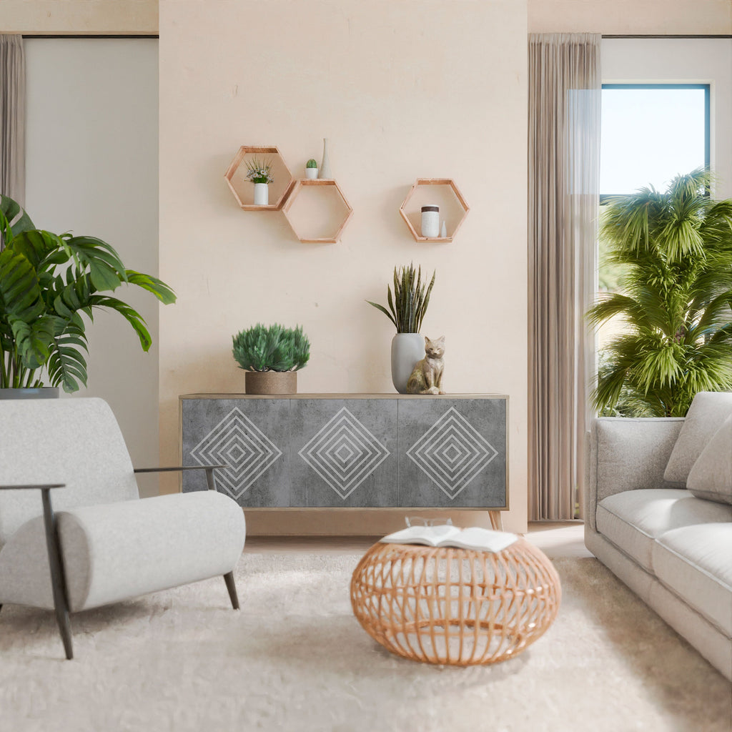 POLYGONAL ARTISTRY Aparador de 3 Portas em Efeito Carvalho