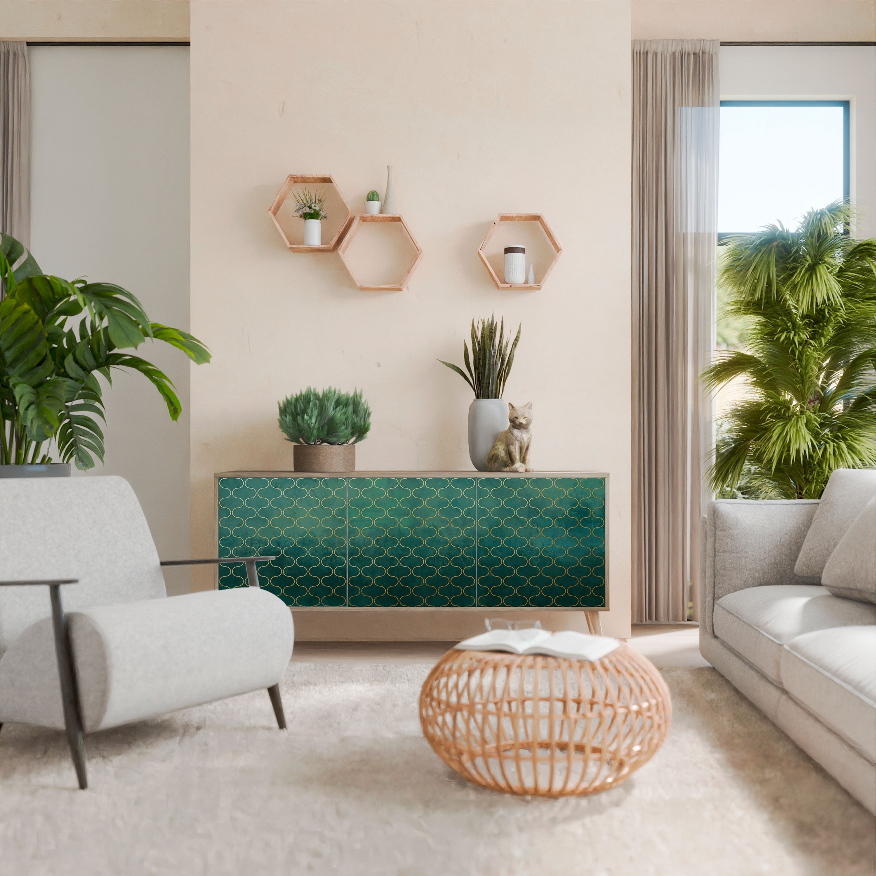 TESSELATED GREENERY Aparador de 3 Portas em Efeito Carvalho