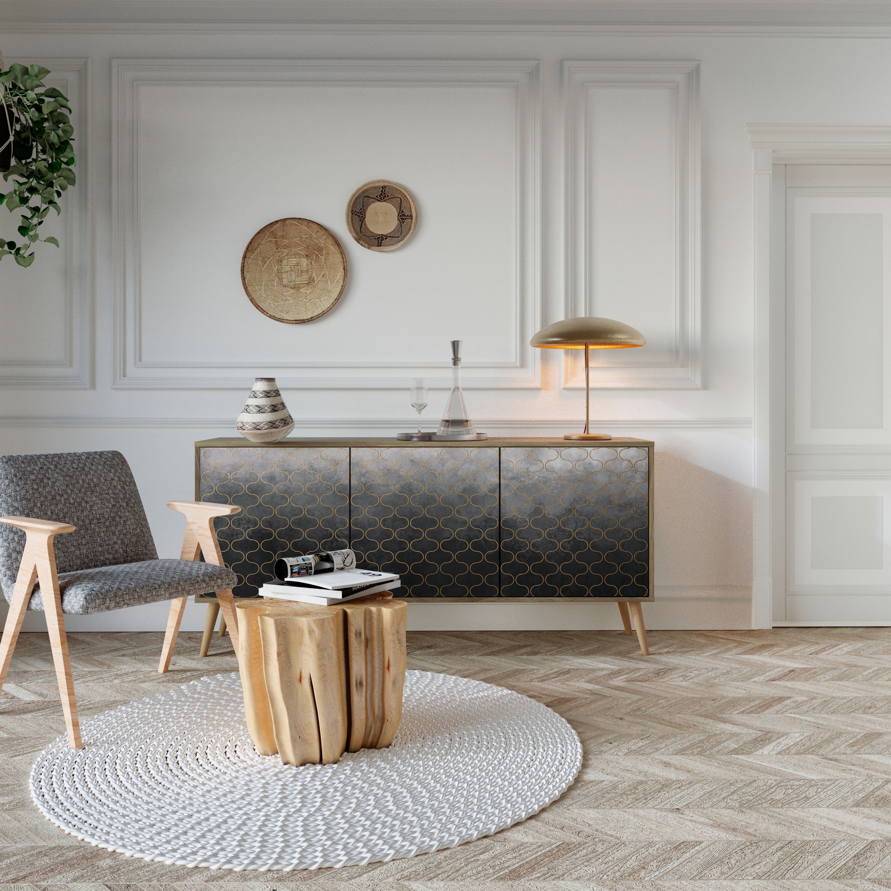 TESSELATED GRAYISH Aparador de 3 Portas em Efeito Carvalho