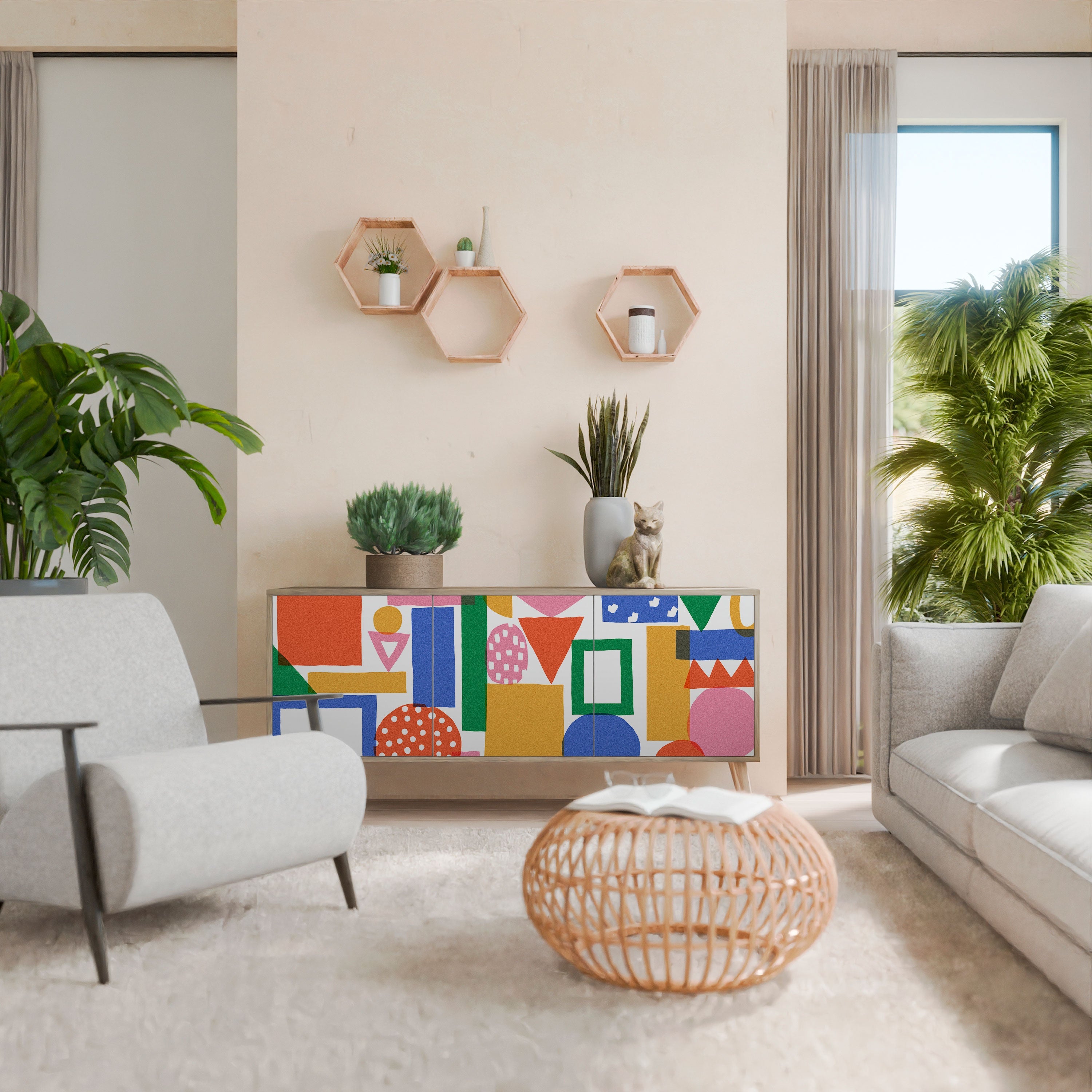 GEOMETRIC GLIMMER Aparador de 3 Portas em Efeito Carvalho