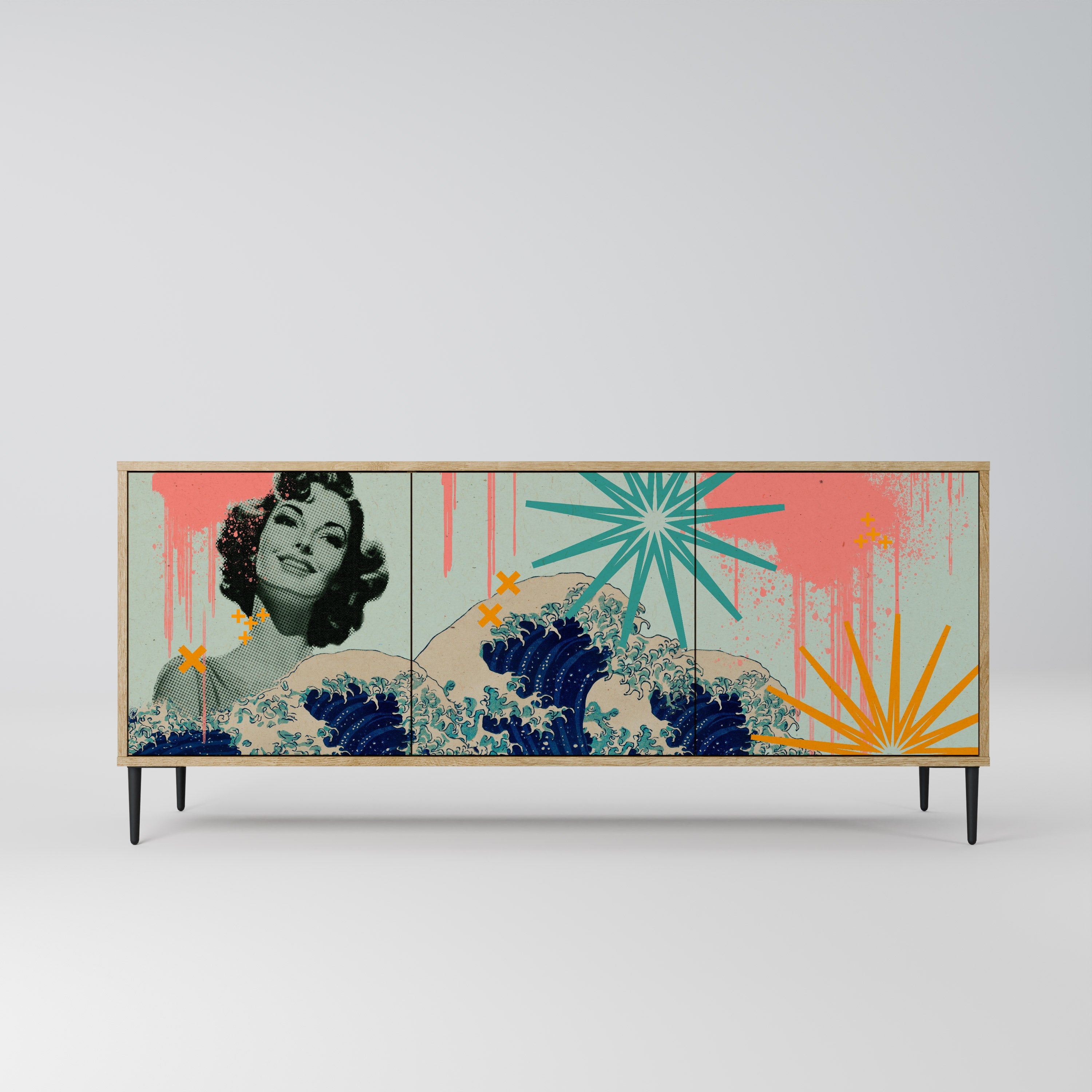 KANAGAWA BEAUTY Aparador de 3 Portas em Efeito Carvalho