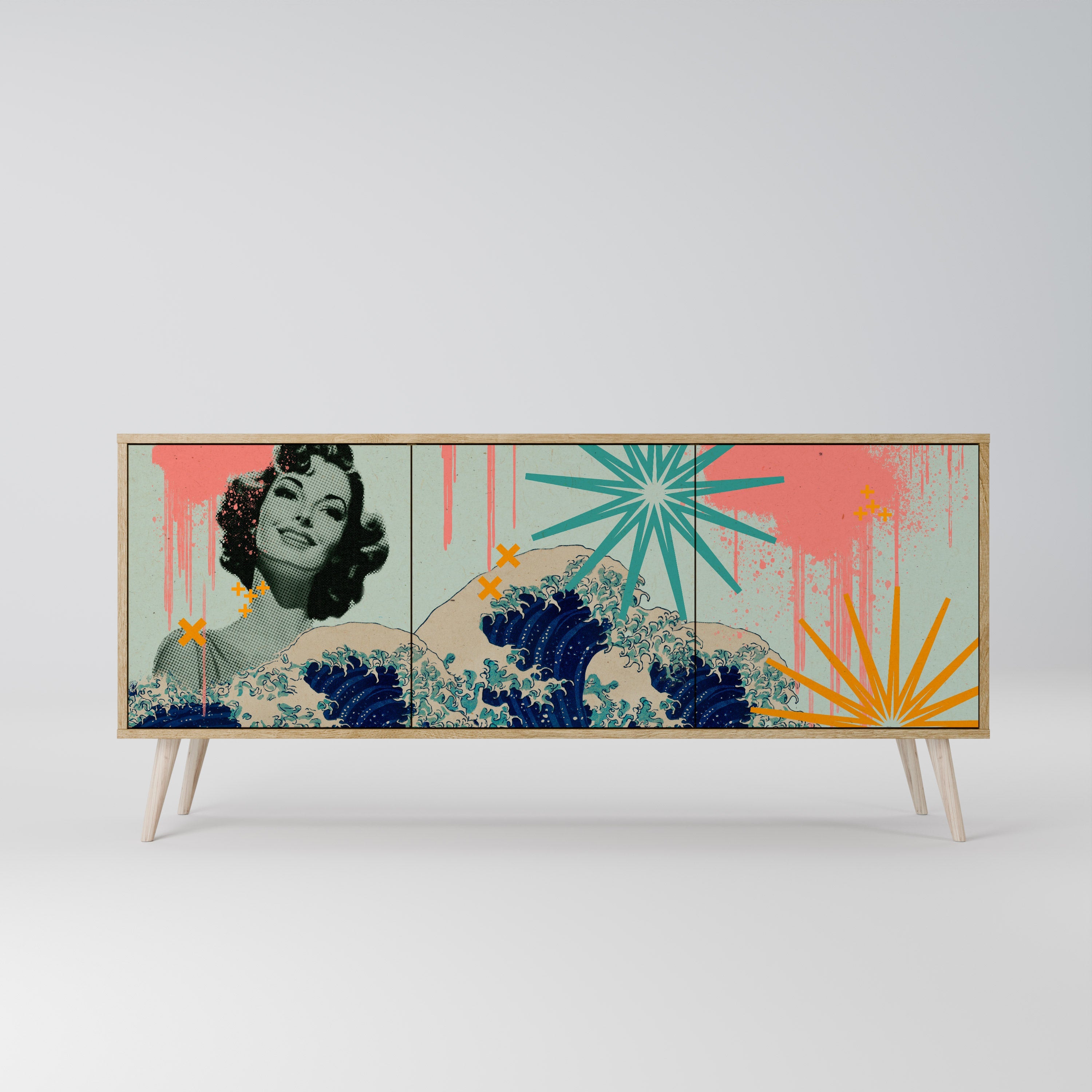 KANAGAWA BEAUTY Aparador de 3 Portas em Efeito Carvalho