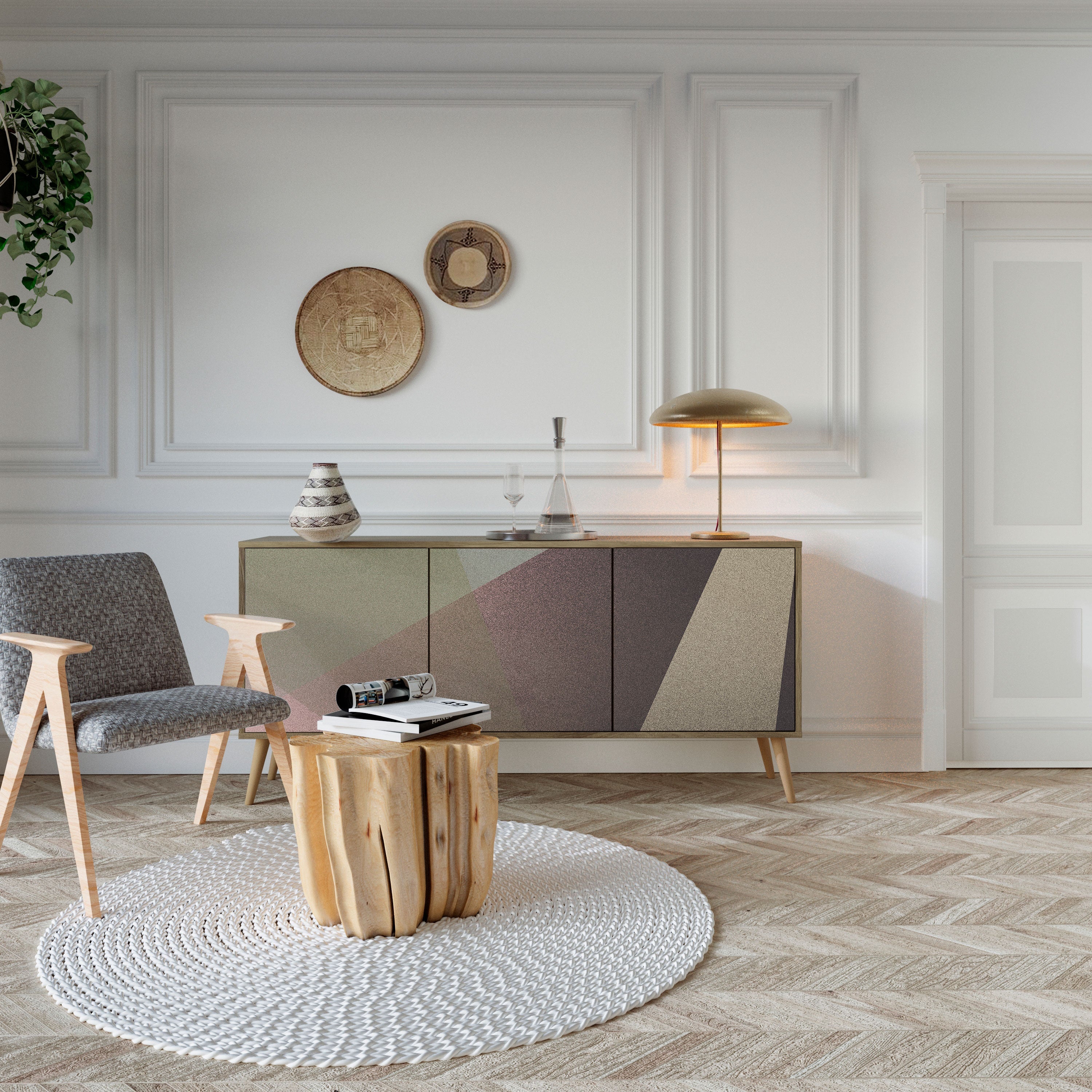 BEIGE GEOMETRY Aparador de 3 Portas em Efeito Carvalho