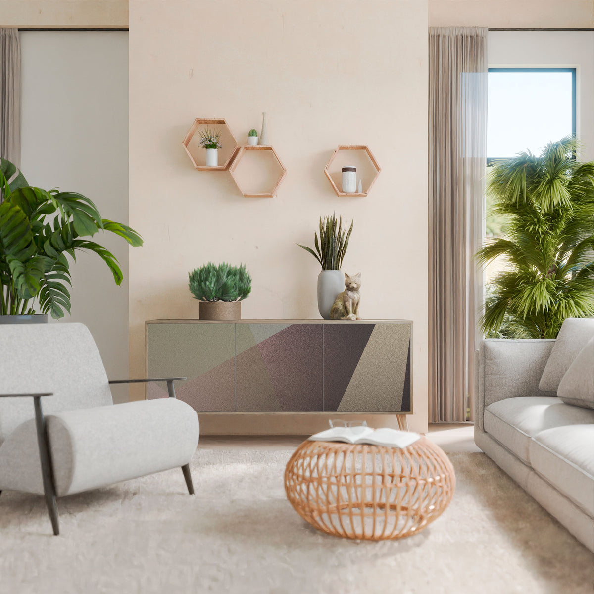 BEIGE GEOMETRY Aparador de 3 Portas