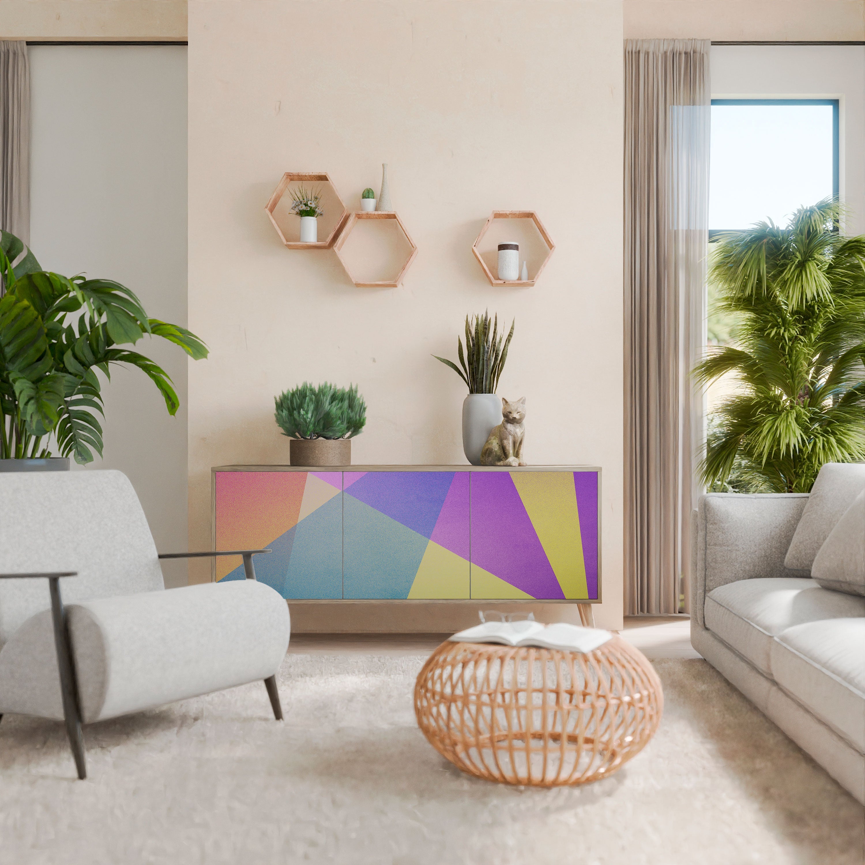 BRIGHT GEOMETRY Aparador de 3 Portas em Efeito Carvalho