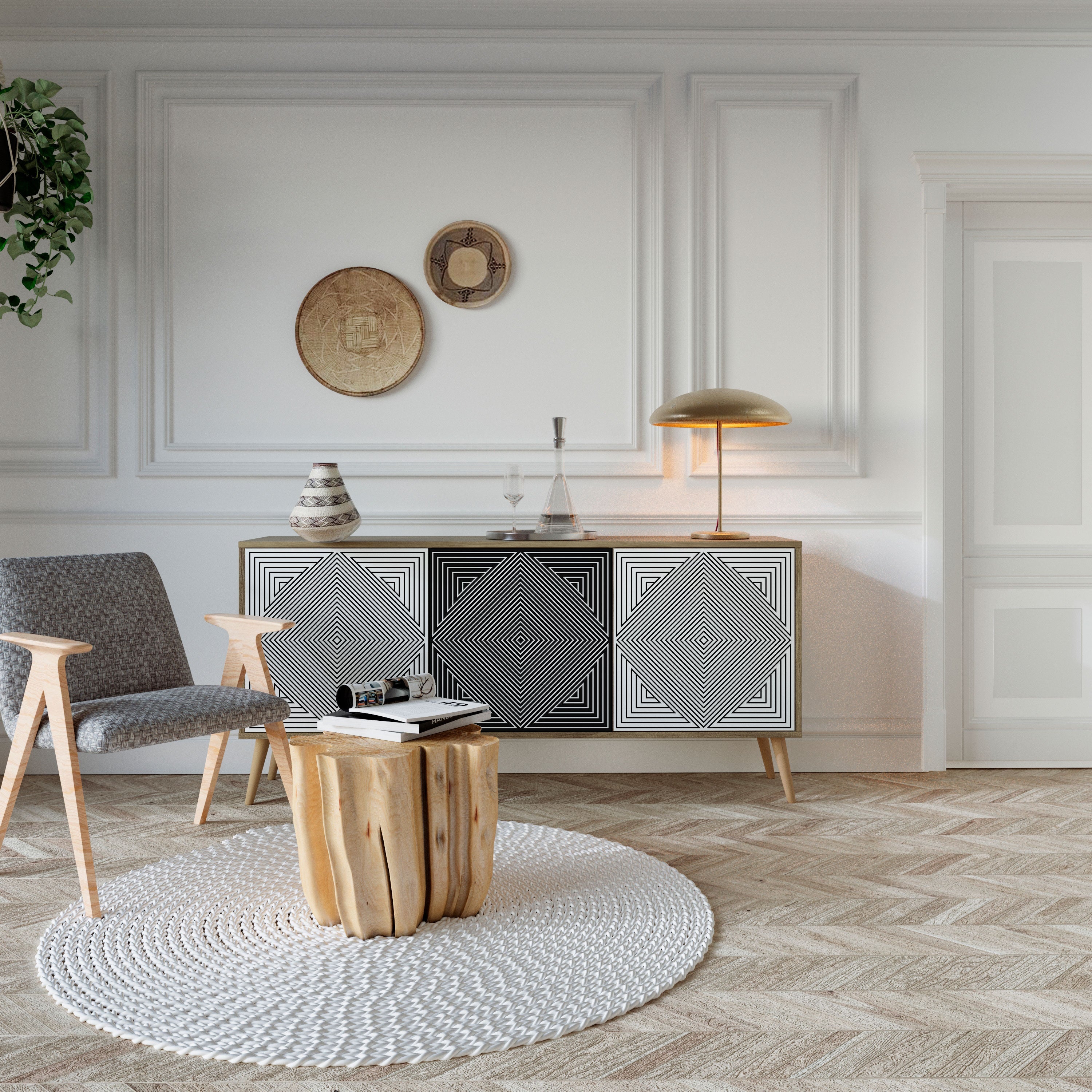 POLYGON ILLUSION Aparador de 3 Portas em Efeito Carvalho