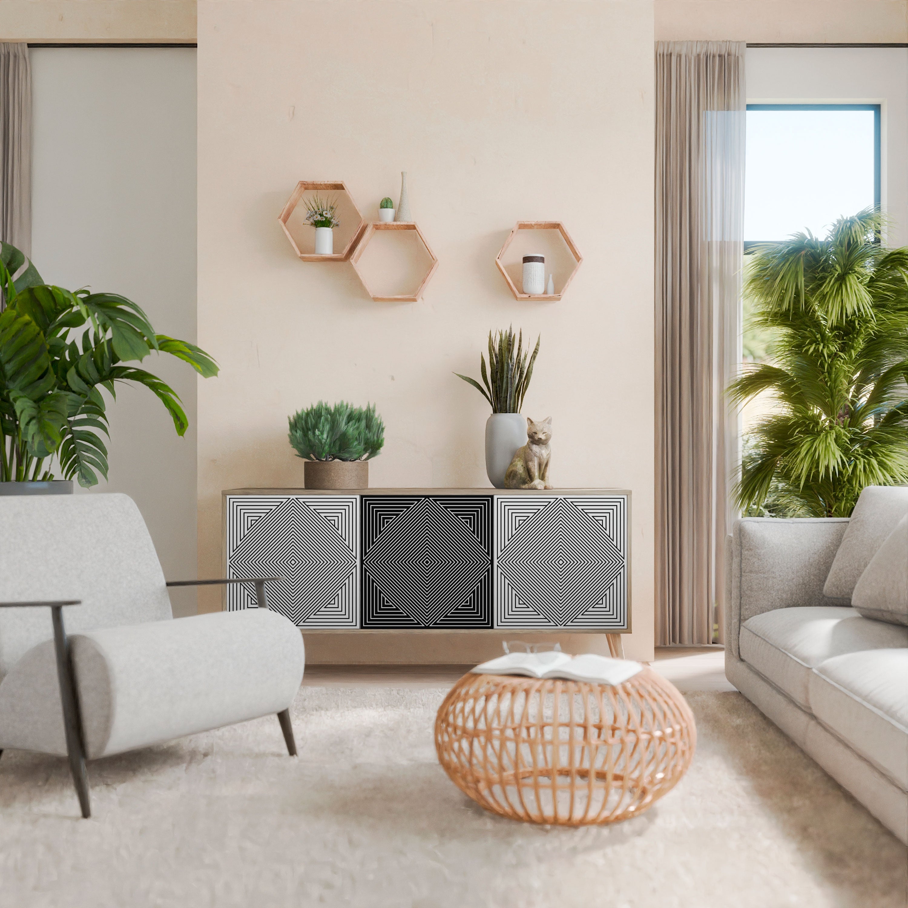 POLYGON ILLUSION Aparador de 3 Portas em Efeito Carvalho