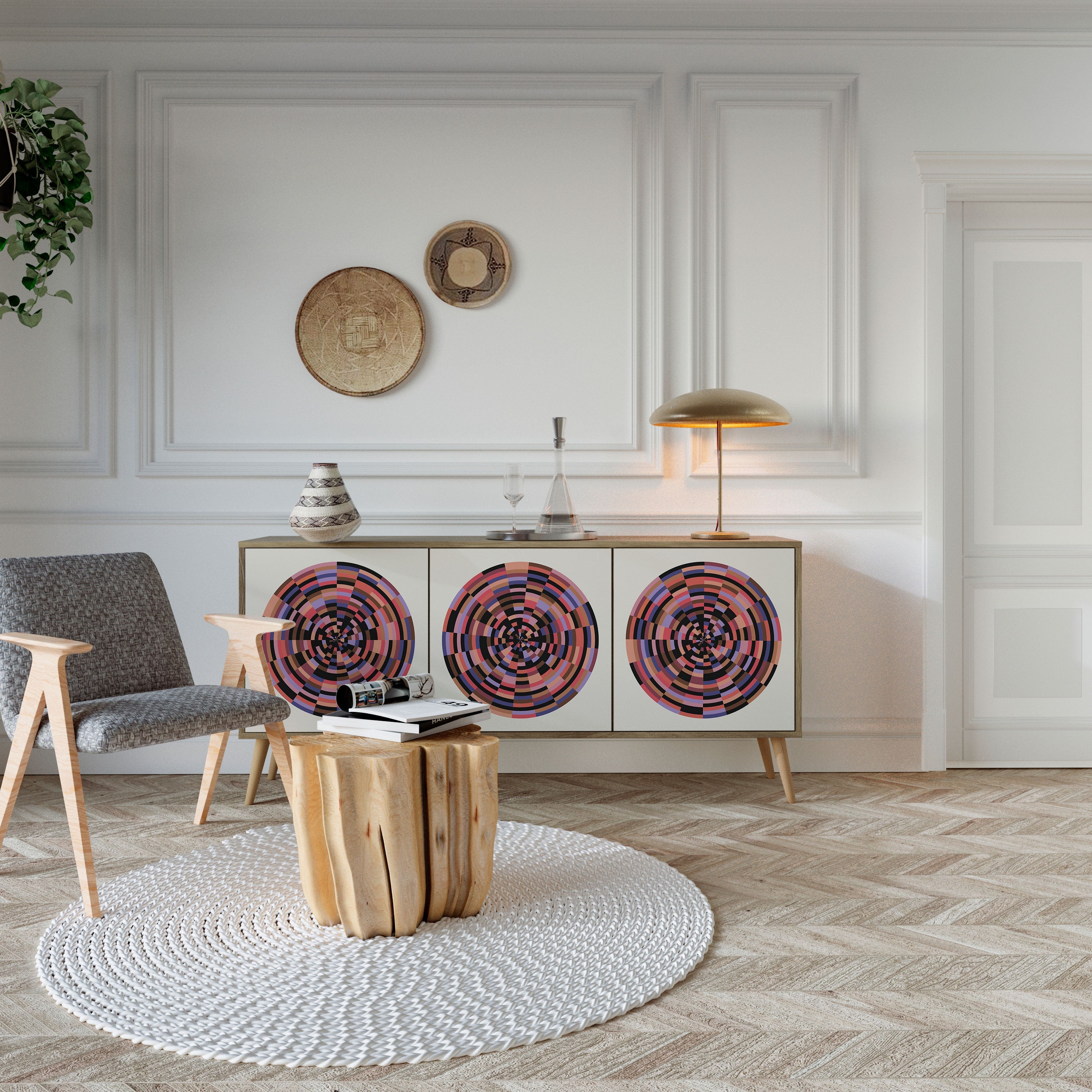 BROWN CIRCLES Aparador de 3 Portas em Efeito Carvalho