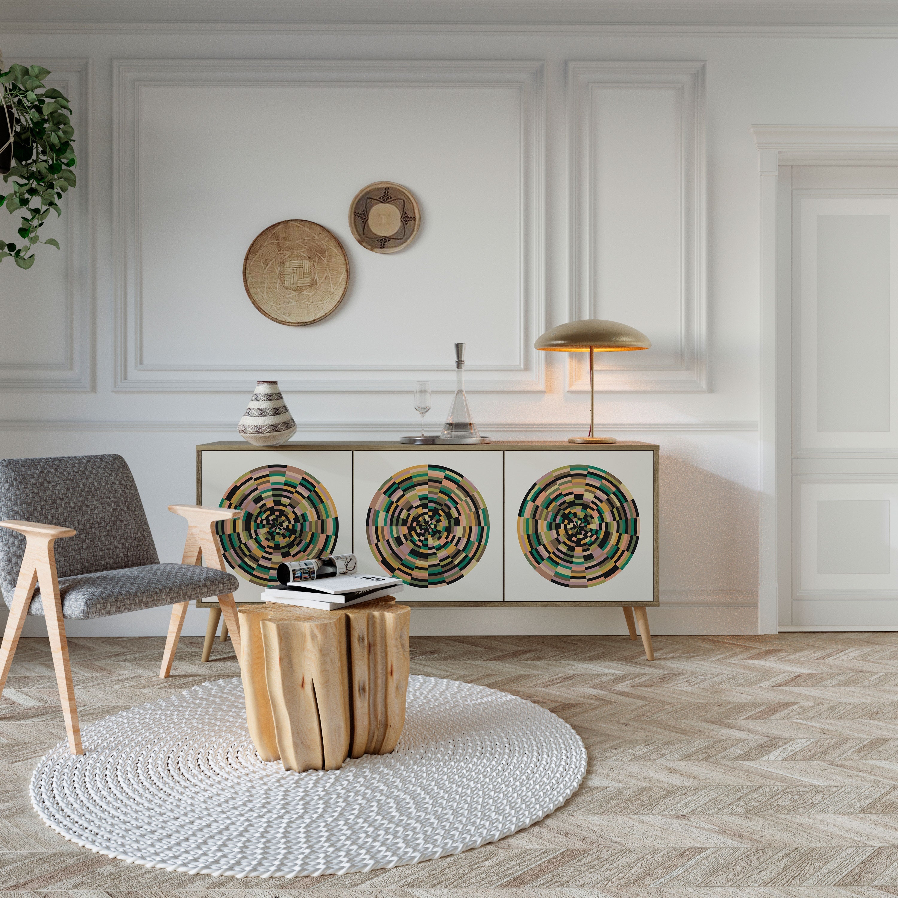 GREEN CIRCLES Aparador de 3 Portas em Efeito Carvalho