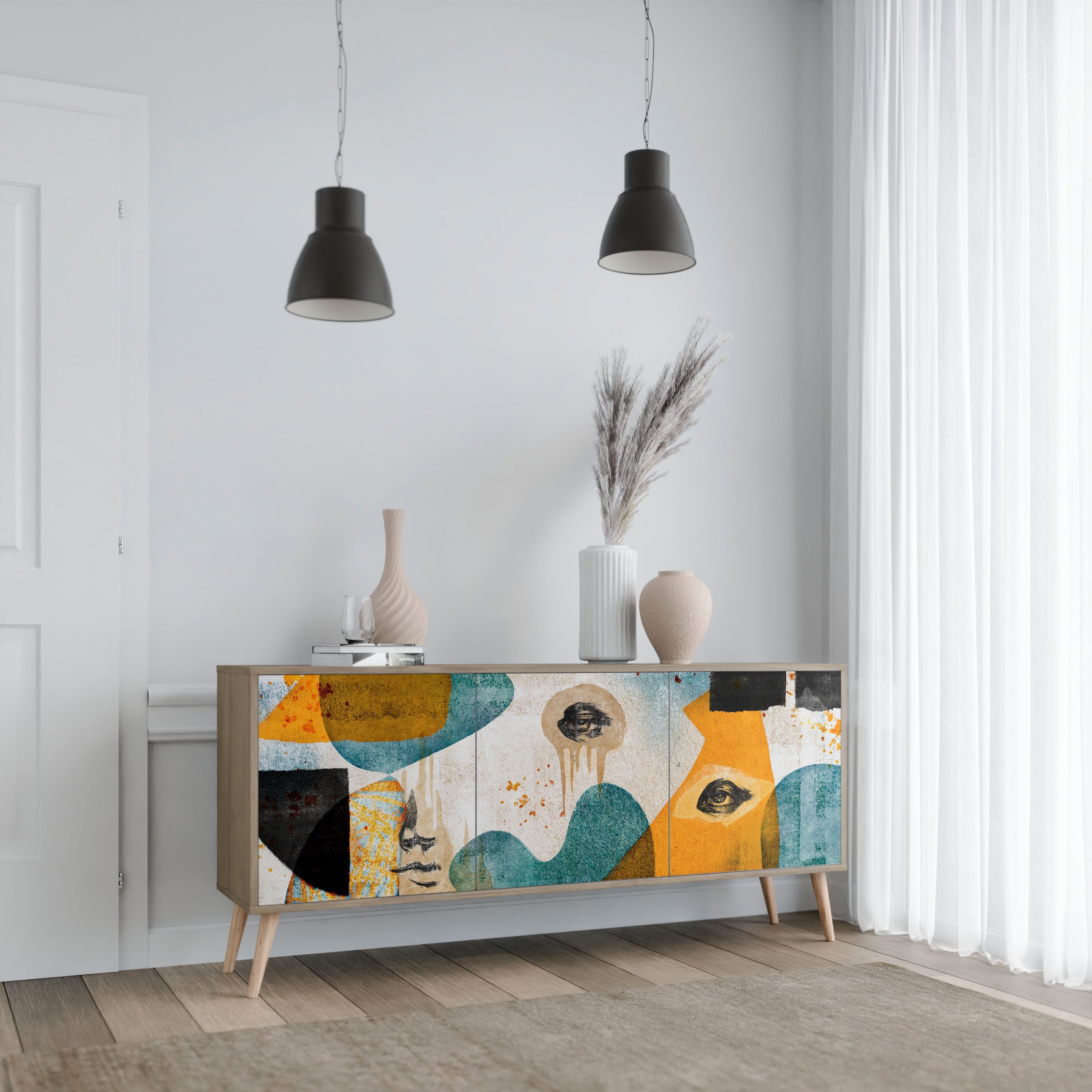 ABSTRACT FACES Aparador de 3 Portas em Efeito Carvalho